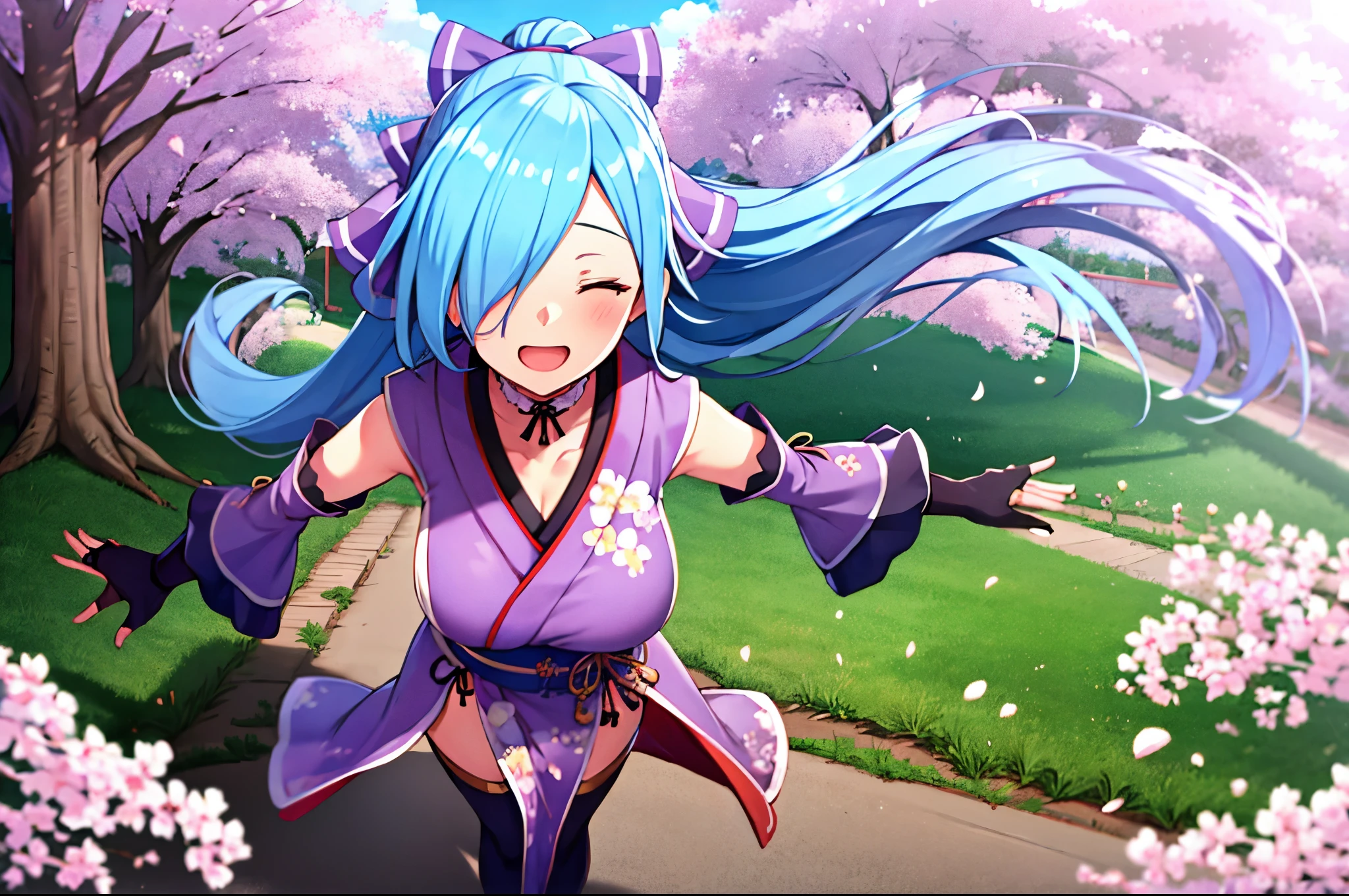 masterpiece, best quality, (1girl, solo),
yamato iori, 1ung_teirl, virtual youtuber, solo, gloves, bow, hair bow, long hair, hair over one eye, thighhighs, blue hair, fingerless gloves, closed_eyes, japanese clothes, full body, detached sleeves, ponytail, looking at viewer, black gloves, very long hair, (heavy&soft_large_breasts:1.4), purple bow, kimono, smile, open mouth, transparent background, standing, sash, obi, purple kimono
blush,cherry blossoms,
( outdoors, forest, upper body, dynamic pose, looking at viewer, ),plump,raise_arms,