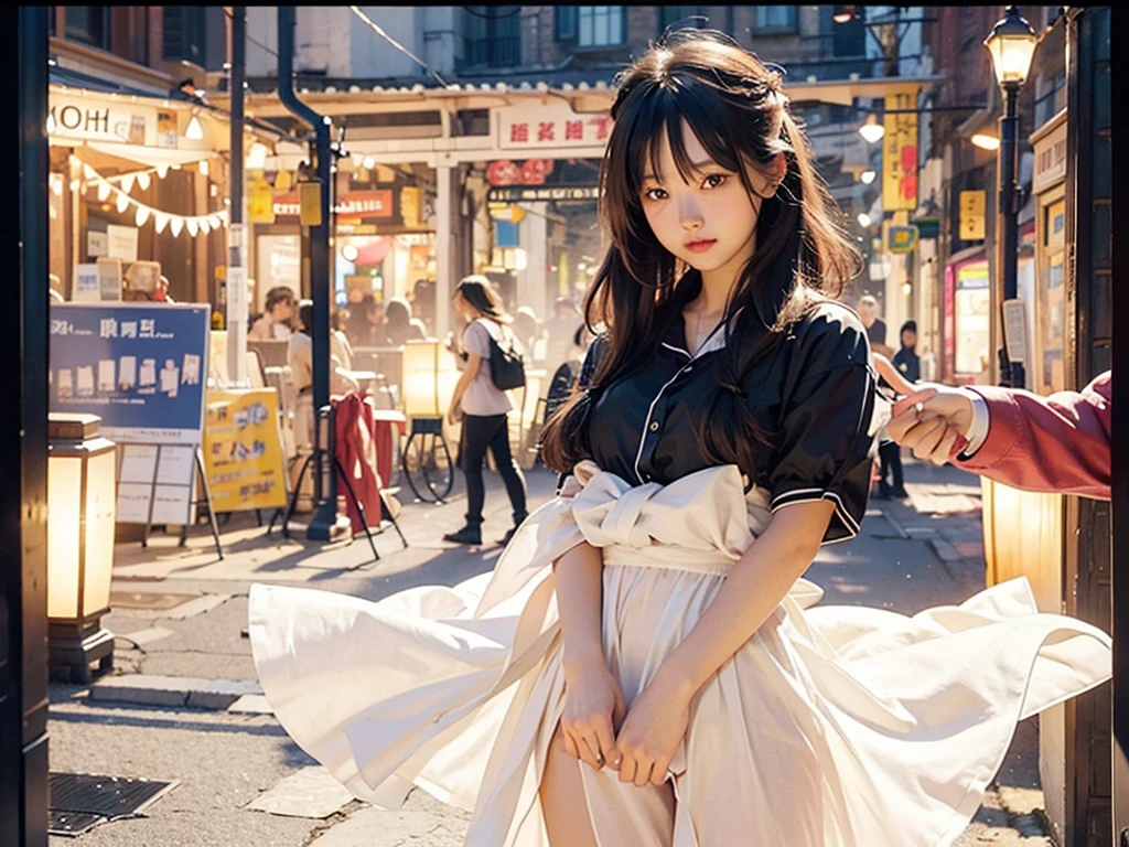 The highest quality shooting　　　　、(((Twisting the skirt)))　、open one's legs　、White lace panties　、(((Two Women)))、　Thin rope、Tying up the body　、(((Bound arms))), (((arms behind back)))
,　(((Black collar))) 、　Skirt Roll Up　、　Two Women、White School Uniform、(((audience)))　、a sailor suit　、gust of wind　、(((turned around)))　、look behind、satchel　、Dark blue pleated skirt　、Knee-length pleated skirt、Walk　、student clothes　、　　Collar with a leash　、Cowboy Shot　　 、is crying　 　　、Portraits are prohibited　、blushed face　、　　　at the sunset、omatsuri　、parade　、field day　、Cultural Festival　、Man's Festival、　at the sunset　、An amusement park　、Turn your face away　、(((audience)))　　、　Semi-long　、Tied black hair　、Low angle full body photo　、Sad look、 Black hair, shining beautiful skin , Sweat, collar and chain accessories, beautiful black pupil and hair, Detailed expression　, beautidful eyes