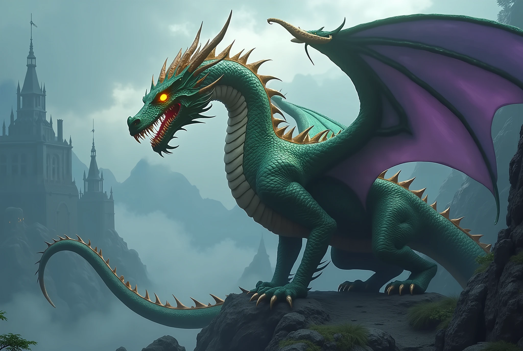 masterpiece, Best Quality, Super detailed,anime,8k, giant dragon fantasy art ,
BREAK
Dragon wings spread out 、紫色の膜 visible ,
dragon scales are a mixture of green and gold,
The dragon's mouth is open 、鋭い歯 visible ,
The dragon's eyes glow yellow ,
dragon backs are lined with sharp spines ,
the dragon's tail is long 、 it wraps around the castle ,
BREAK
Foggy mountains in the background 々 visible , I can see several castle towers ,
The sky is cloudy.、 it has a dark atmosphere ,。