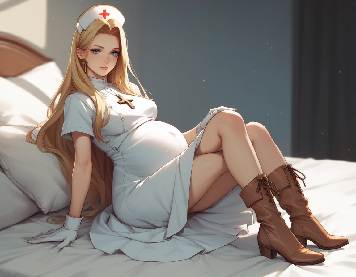 hat, long hair, blonde hair, blue eyes, gloves, dress,cross, boots,nurse cap, long skirt,pregnant