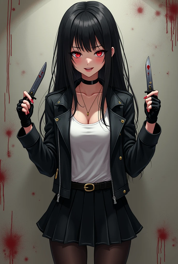 fake girl. smiling. blushing. holding a bloody knife. covered in blood. sinister.