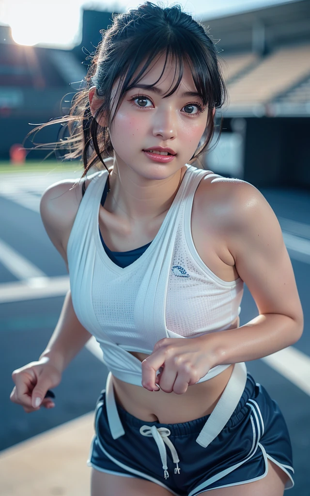(((Sports, Short, Long, Running, Jogging, Marathon, Exercise, Athletics, Running, Running Posture, Running, Feeling of Galloping, Sweat, Sweat, Sweating Lots)))), ((Volley Uniform: 1.3, White, Red, Blue, Uniform: 1.3, Lower, Swaying, Hetero)), ((White, Red, Blue, Bloomers: 1.2, Low Rise)), (Athletics, Floating Hair NovaFrog Style, Floating Hair, Hair and Clothes That Flutter in the Wind, High School, Slender Abs: 1.2, Navel, Serious Look), (The shape of the pubic area is clearly visible)), Blushing, NSFW, 8k, RAW Photo: 1.2, (Best Quality: 1.4, Masterpiece: 1.4), Super Detail, Best Illustration, Ultra High Resolution, Portrait, Film Grain, 1girl, POV, Depth of Field, Photorealistic: 1.4, detailed hair, realistic hair, realistic lighting, realistic shadows, realistic clothing, realistic skin, natural skin texture, portrait: 0.6, light particles, lens flare, glowing particles: 0.6, bokeh: 1.2, clean: 1.8, professional lighting, photon mapping, radiosity, physically based rendering, incredibly absurd, Glossy skin, pale skin: 1.2, PureErosFace_v1: 0.7, fair skin: 1.1, round face: 1.5, mouth open, puffy eyes, purple eyes, double eyelids, egyosar: 1, floating hair, makeup, Japan girl, lovely thighs, shining thighs, shining legs