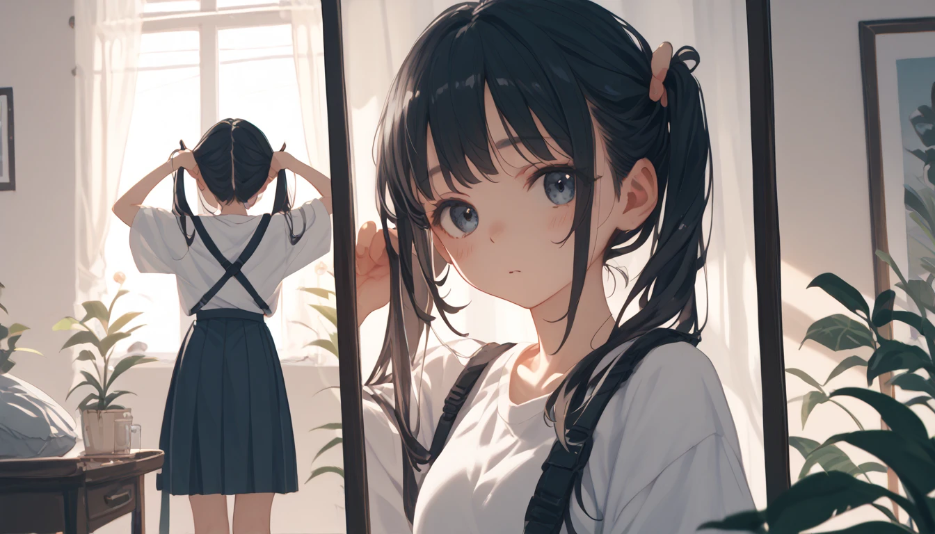  black hair twin tails、Student looking in the mirror ...  I can see her reflection in the mirror  ...... Students need a full body image uniform　Asahi