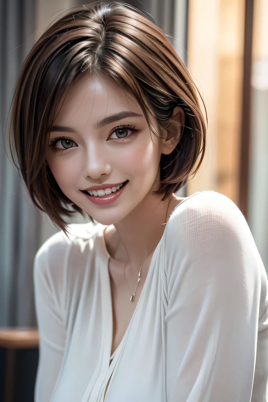(( masterpiece )), (( top quality )), ((16k)), (( surreal)), (( realistic)), ( mature), (( classes )), very detailed , ( 1 Woman ), Beautiful and exquisite, (Beautiful Teeth), grin, brunette pixie cut, brown eyes , (( white blouse)), ( upper body), ((The background is a solid gray)), perfect eyes, amazing eyes, Look at the audience with your body facing forward