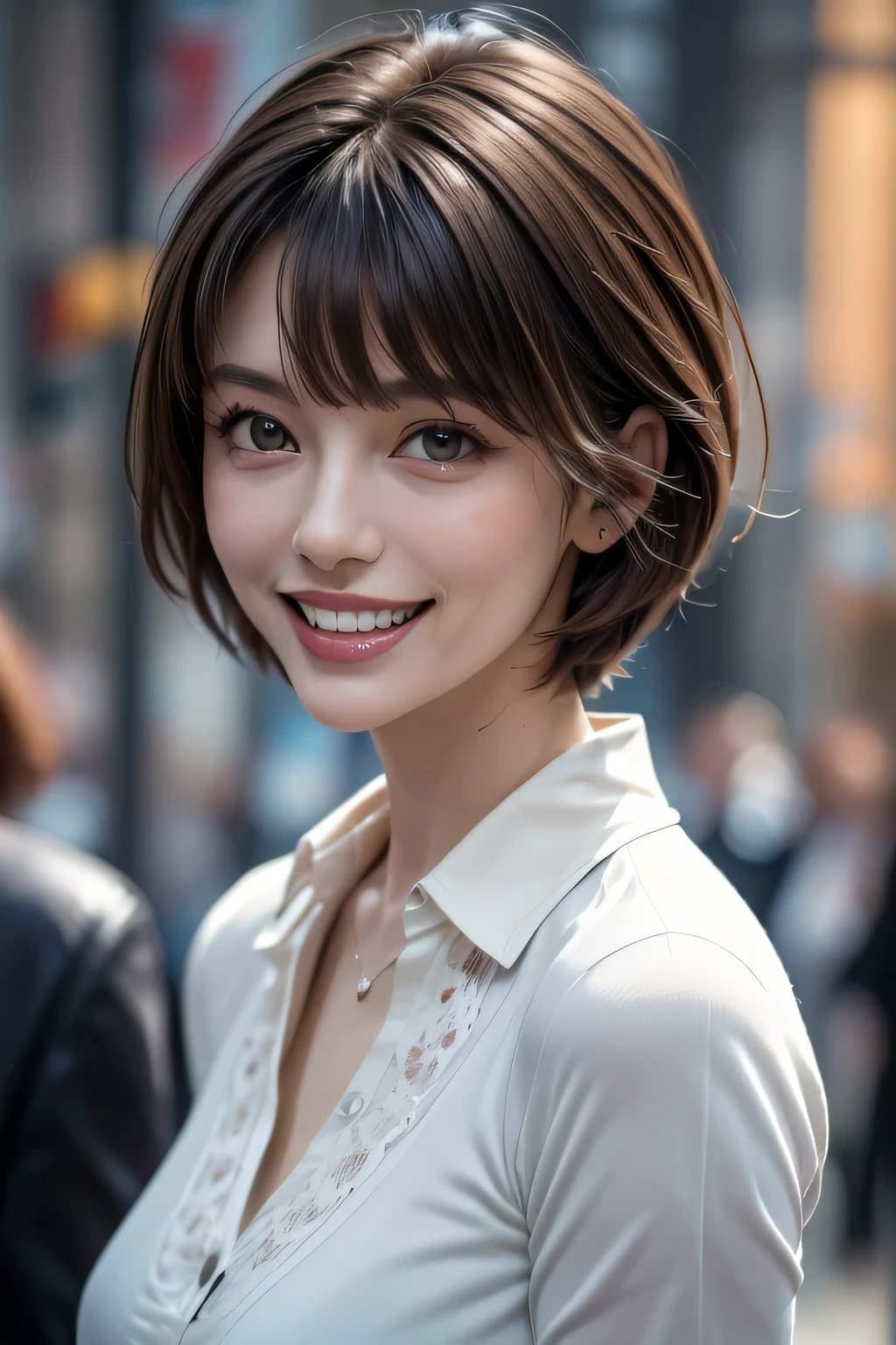 (( masterpiece )), (( top quality )), ((16k)), (( surreal)), (( realistic)), ( mature), (( classes )), very detailed , ( 1 Woman ), Beautiful and exquisite, (Beautiful Teeth), grin, brunette pixie cut, brown eyes , (( white blouse)), ( upper body), ((The background is a solid gray)), perfect eyes, amazing eyes, Look at the audience with your body facing forward