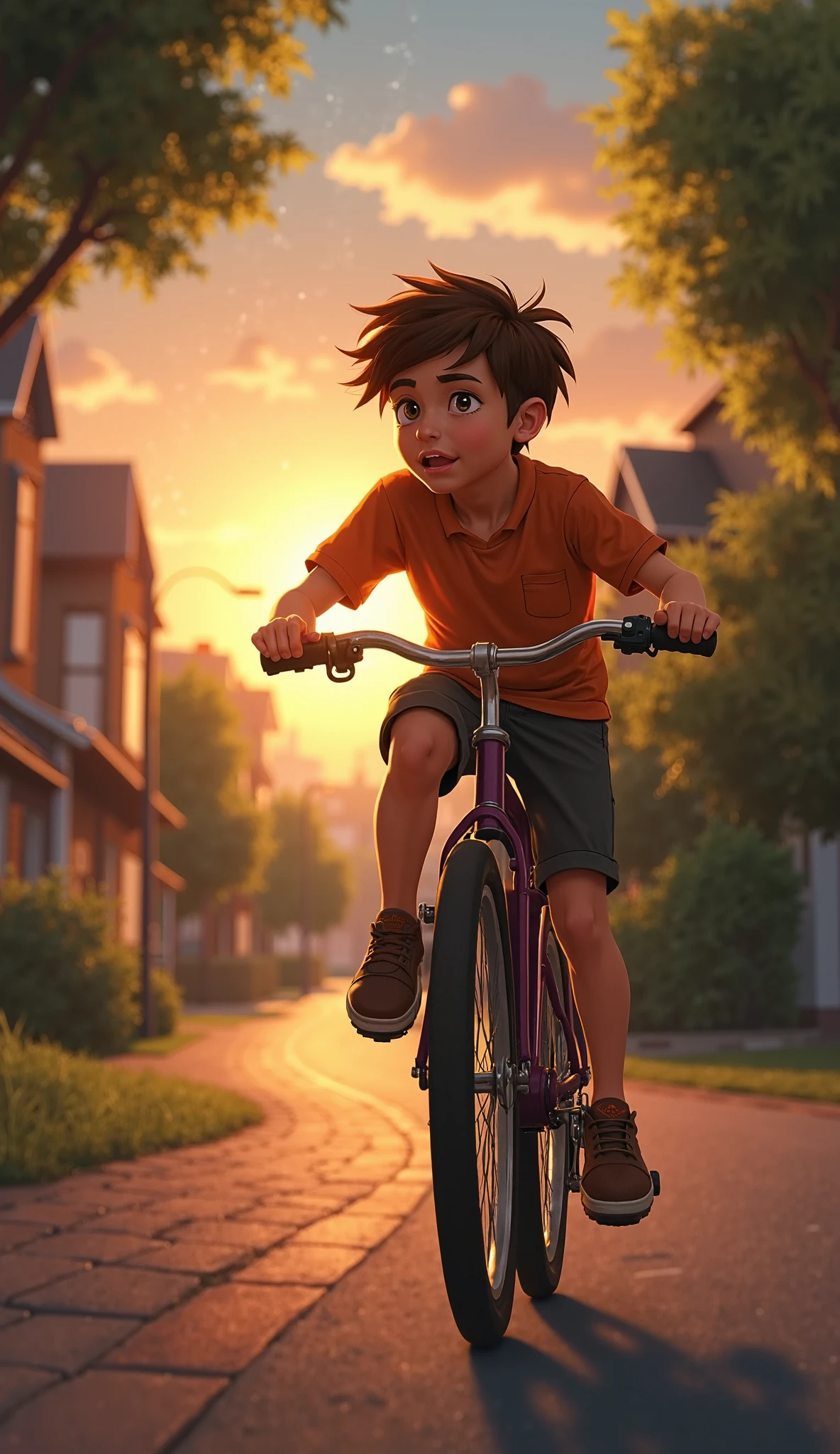 A boy riding a cycle in the evening