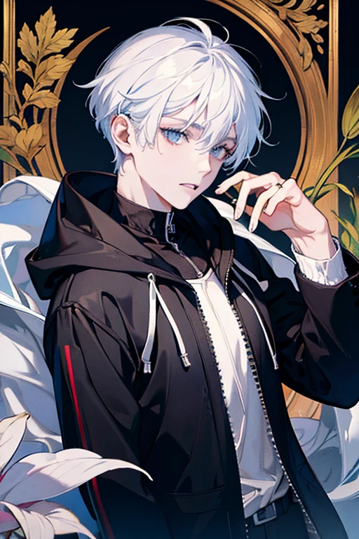 ((best quality)), ((masterpiece)), (detailed), boy, cool, wearing a black hoody, white hair,
white, 