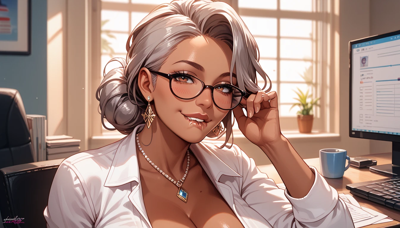 ,milf,mature_woman,hair_intakes,blushing,solo,dark_skinned_female,office_lady,solo_female,cleavage,portrait,naughty_face,lip biting,solo_focus, grey_hair,white_shirt,score_9, score_8_up, score_7_up ,glasses,absurdres,score_9,score_8_up,score_7_up,score_6_up,detailed,looking_at_viewer,lips,thick_lips,steamy ,dark_skin,brown_skin,tan
