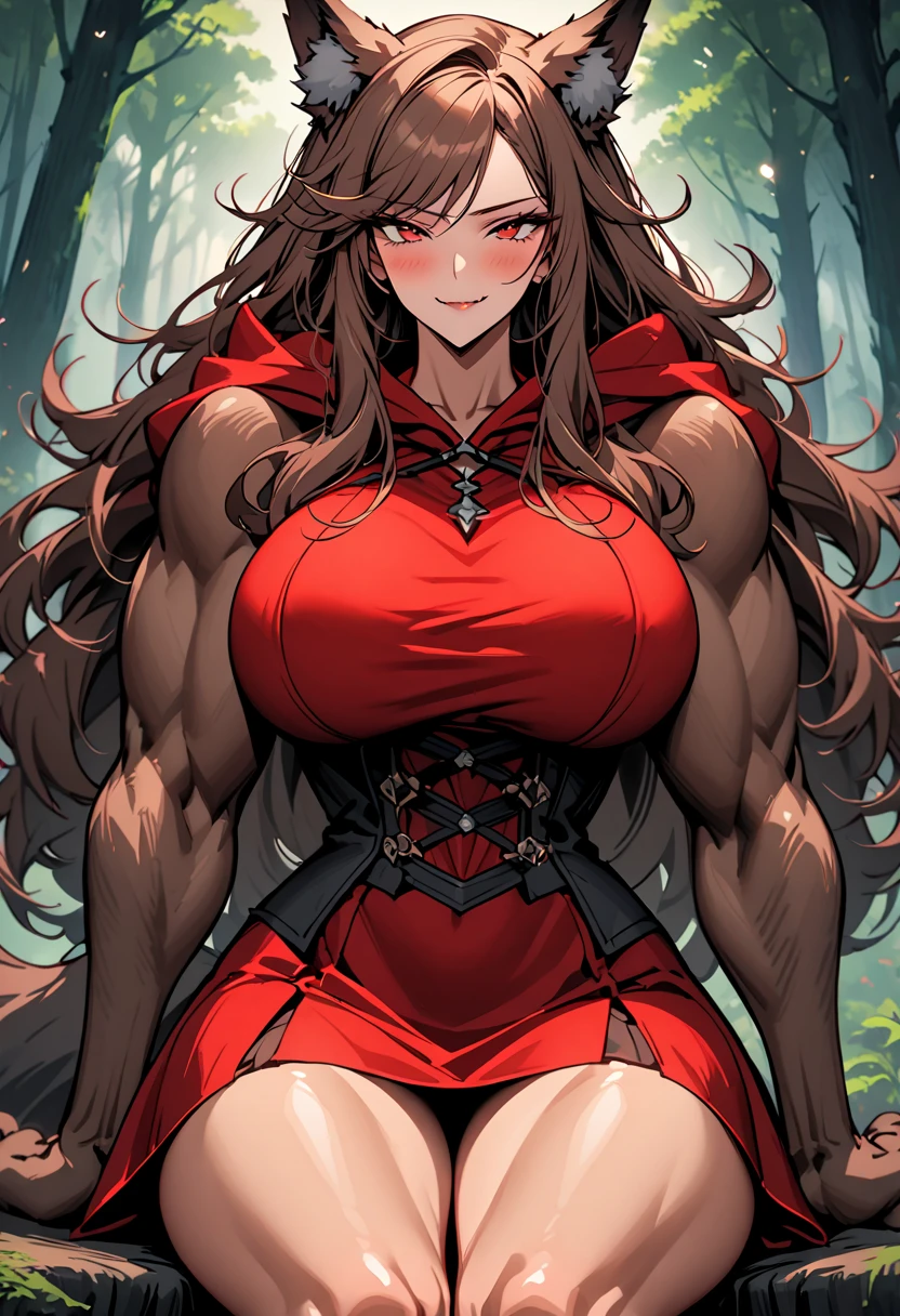 solo, female, close up, 2 m tall, cowboy shot, long hair, swept bangs, wild hair, wolf girl, very large breasts, red riding hood, extremely tall girl, strong animal hands, bulky body, huge body, muscular:1.3, slim waist, smile, looking at viewer, sitting, wolf ears and tail, ear fluff, brown hair, red eyes, fantasy, forest, broad shoulders, modest skirt, thighs:0.5, toned, large furred arms, brown fur, lone fang, hood down, slight blush, nervous, half-closed eyes, clawed hands, thick forearms