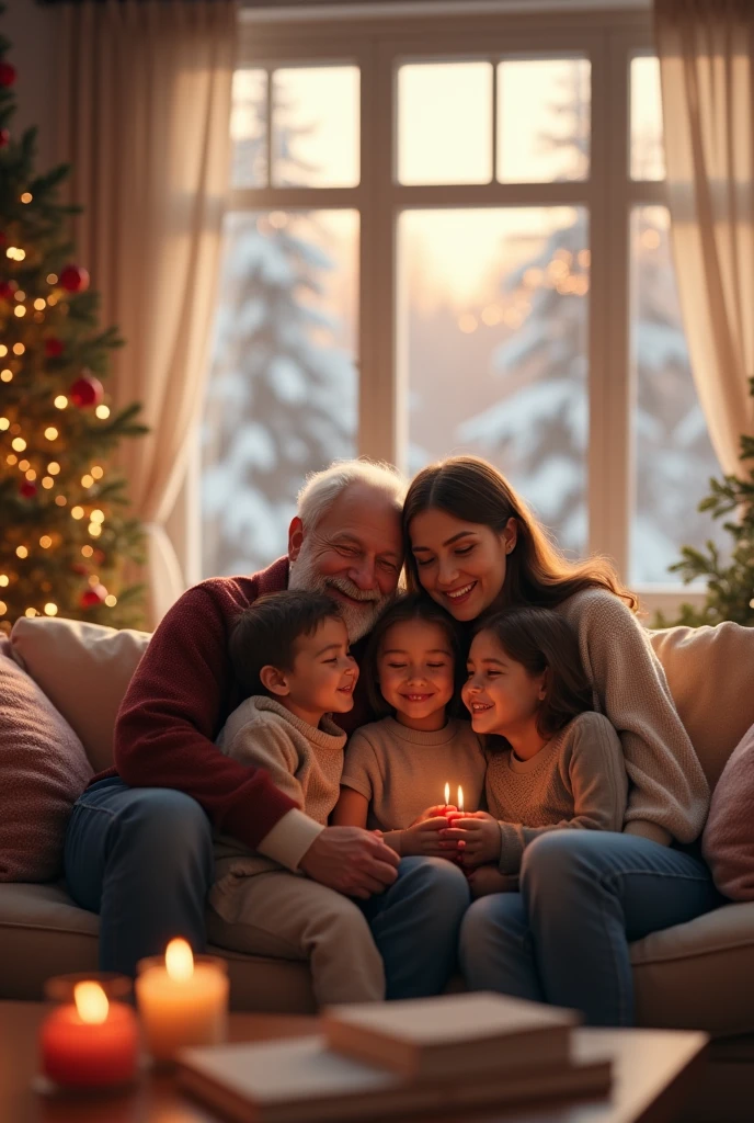supper:
The image depicts a cozy living room, decorated for Christmas. The room is lit by soft, warm lights, with a decorated Christmas tree in the background and Christmas decorations scattered around the room. The atmosphere is relaxed and welcoming, with comfortable furniture and a festive atmosphere.
Characters 3 women, 1 homem e uma criança naughty girl:
1. Woman mais velha (4): She has reddish-brown hair that falls to her shoulders., some light freckles on her face and she is smiling warmly. Ela veste jeans, a floral sweater and boots, and holds a glass of wine while having fun.
2. naughty man: A thin man with short dark hair, besides a small beard. He wears a striped polo shirt, blue pants and brown shoes. He is in animated conversation with the older woman.
3. Woman (33 years old): She has brown hair with blonde highlights., tied in a bun. She is wearing a sweatshirt, jeans and Adidas sneakers. She holds a cell phone and chats happily with her niece..
4. Woman (18-years old): A chubby young woman with long hair, Wavy and dark. She is wearing a “Friends” T-shirt and dark pants.. He is also holding a phone and is having fun with his aunt., a mulher de 3.
5. child (naughty girl, ): A blonde with long hair, sitting on the floor and playing. She is happy and focused on her play..
This scene captures a family moment of togetherness and fun during Christmas., with each character showing their unique characteristics and interacting naturally in a festive and welcoming environment.