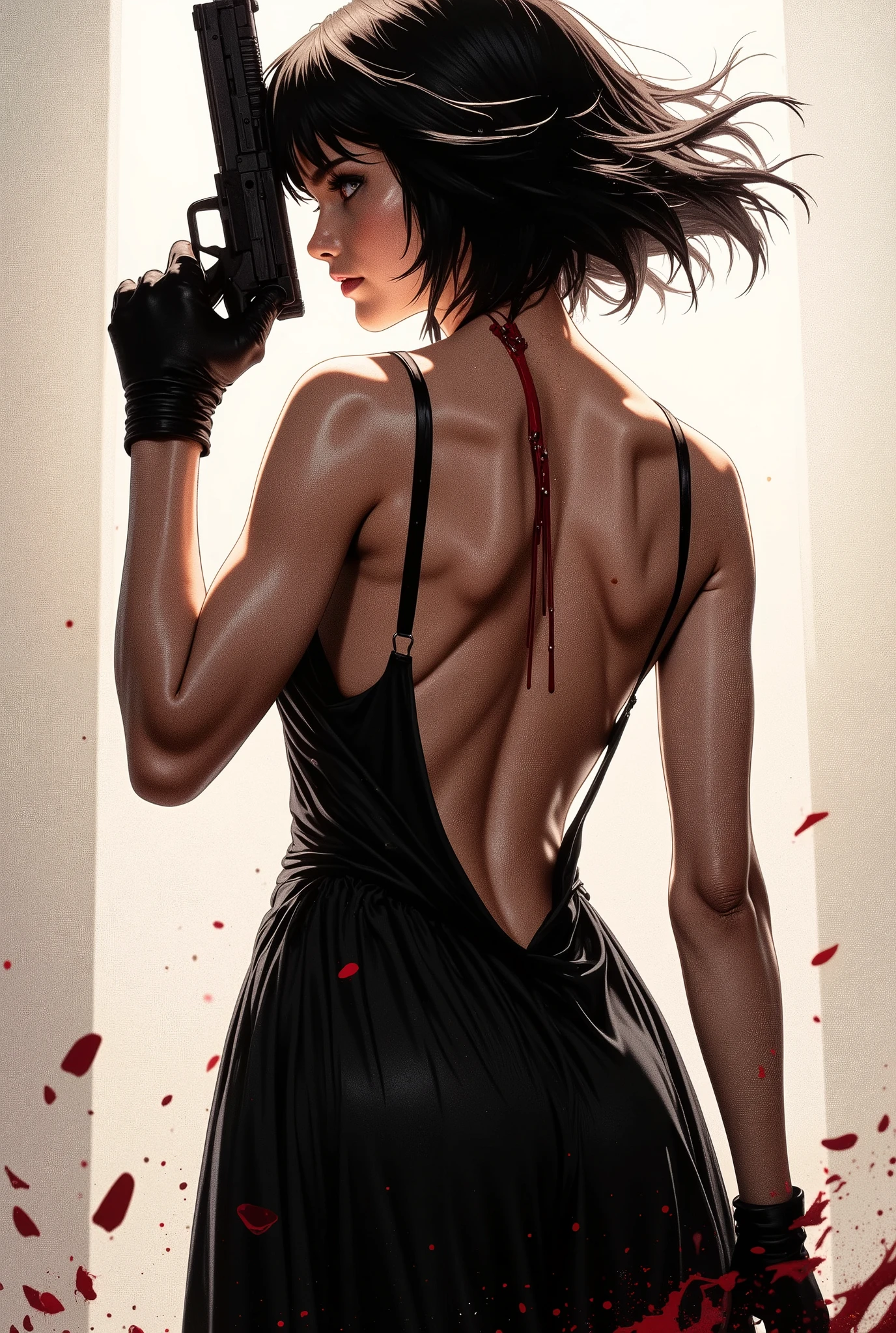 (masterpiece:1.2,EXCEPTIONAL QUALITY ,Mirror Finish , Cinematic Experience),8k,16k, wallpaper,( backless dress:2.0),( Female Assassin :2.0),( Black Dress with Empty Back :2.0),( and hold up your gun:2.0),(Nikita Style :2.0),( sexy:2.0),( back view:2.0),( Turn Around :2.0),(Short Hair:2.0),( beautiful women:2.0),(Blood splatter),(風に揺れる髪の毛)