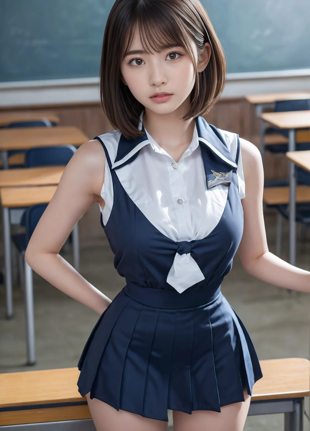 ((Layered Haircut、Big Boobs:1.2)),(8k,highest quality),Full Body Shot,Winching from a distance,Shots from a distance,School classroom,student,class,During class,Uniform shirt、Wear a JK skirt,Full body photo:1.9, Android, Adorable, smile, Thin face, Short fine brown hair, 32k, masterpiece, Best image quality,超A high resolution,Perfect hands,Looking_in_peeping in the viewer,Black choker、Blue Eyes、bangs、Very many and very long eyelashes、Girls' Uniforms、Girls' School