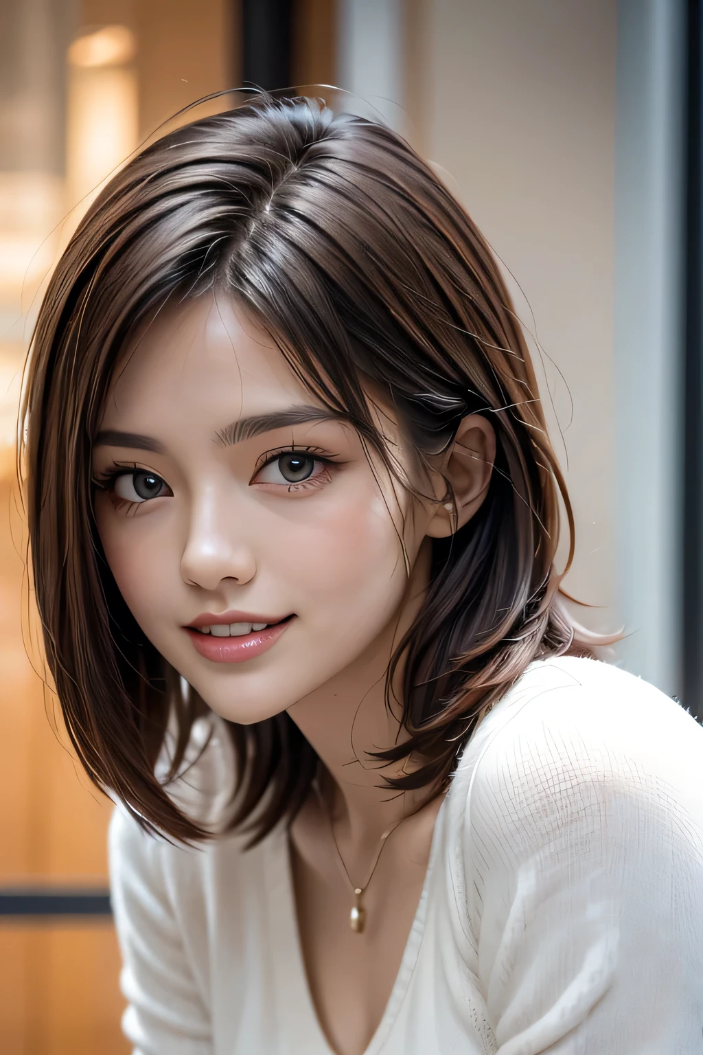 (( masterpiece )), (( top quality )), ((16k)), (( surreal)), (( realistic)), ( mature), (( classes )), very detailed , ( 1 Woman ), Beautiful and exquisite, (Beautiful Teeth), grin, brunette pixie cut, brown eyes , (( white blouse)), ( upper body), ((The background is a solid gray)), perfect eyes, amazing eyes, Look at the audience with your body facing forward