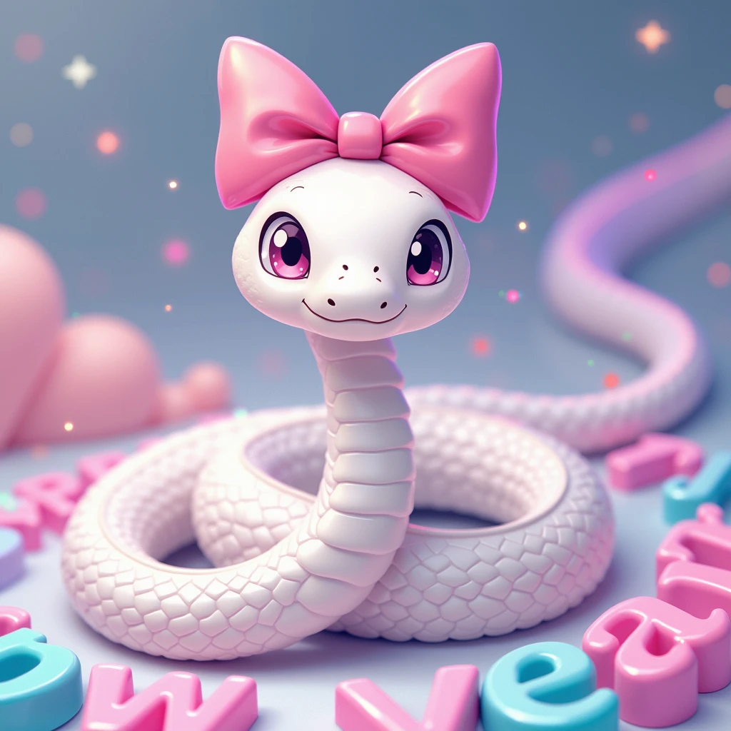 A very cute white snake with a pink ribbon on its head is looking at me,  The snake's trail has the words "Happy New Year 2025" written in colorful iridescent pastel colors, anime manga illustration, ultra detailed, absolutely resolution, masterpiece