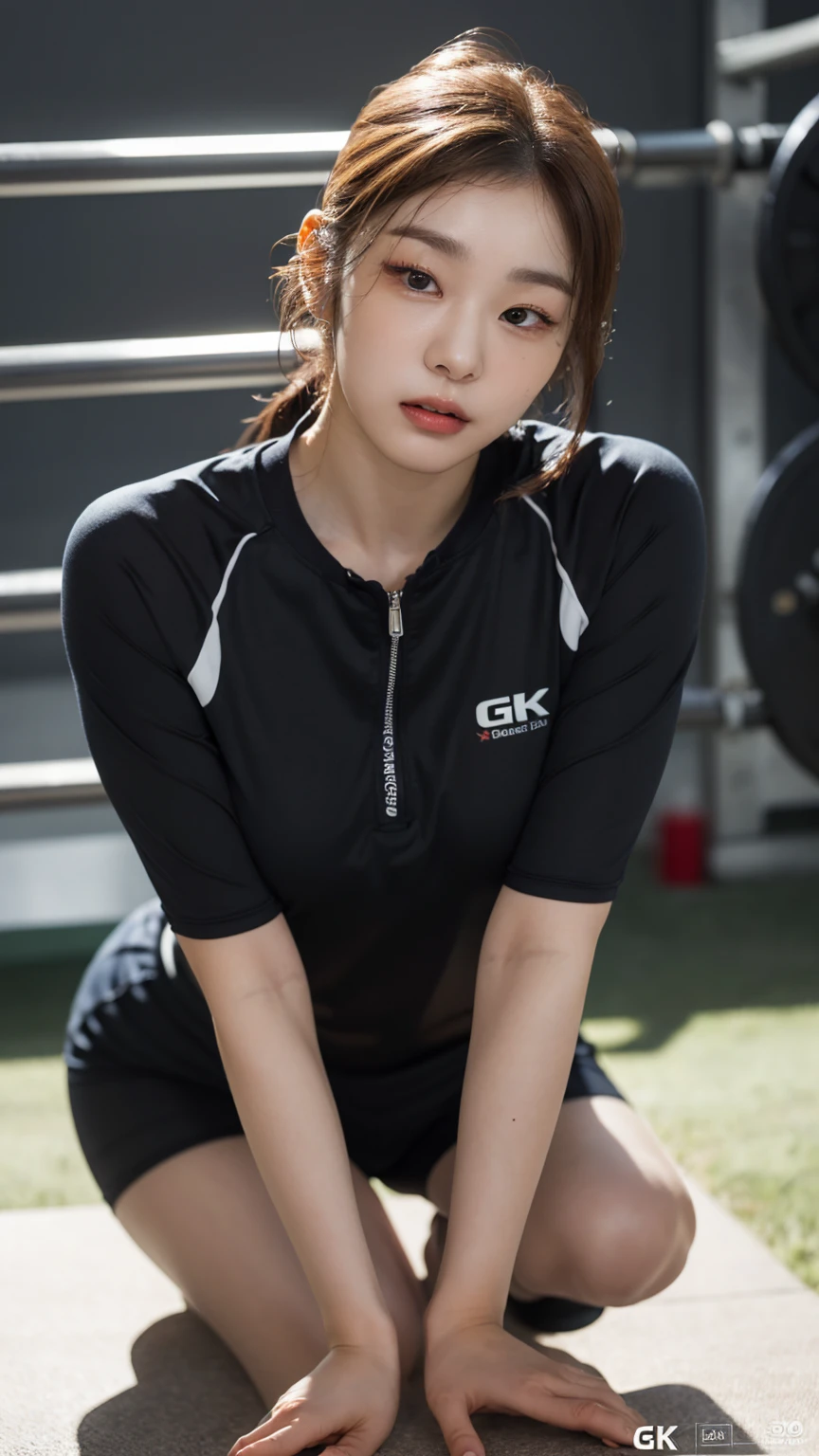 Highly detailed CG Unity 8K wallpapers,top Quority,Super detailed,tmasterpiece,realisticlying,photograph realistic,Very detailed cute girl,25 age old,musculature,Microabs,Round eyes,peeping at the viewer,Be red in the face,parted lip,Half-body shooting,
track suit , gym room,black fishnet stocking