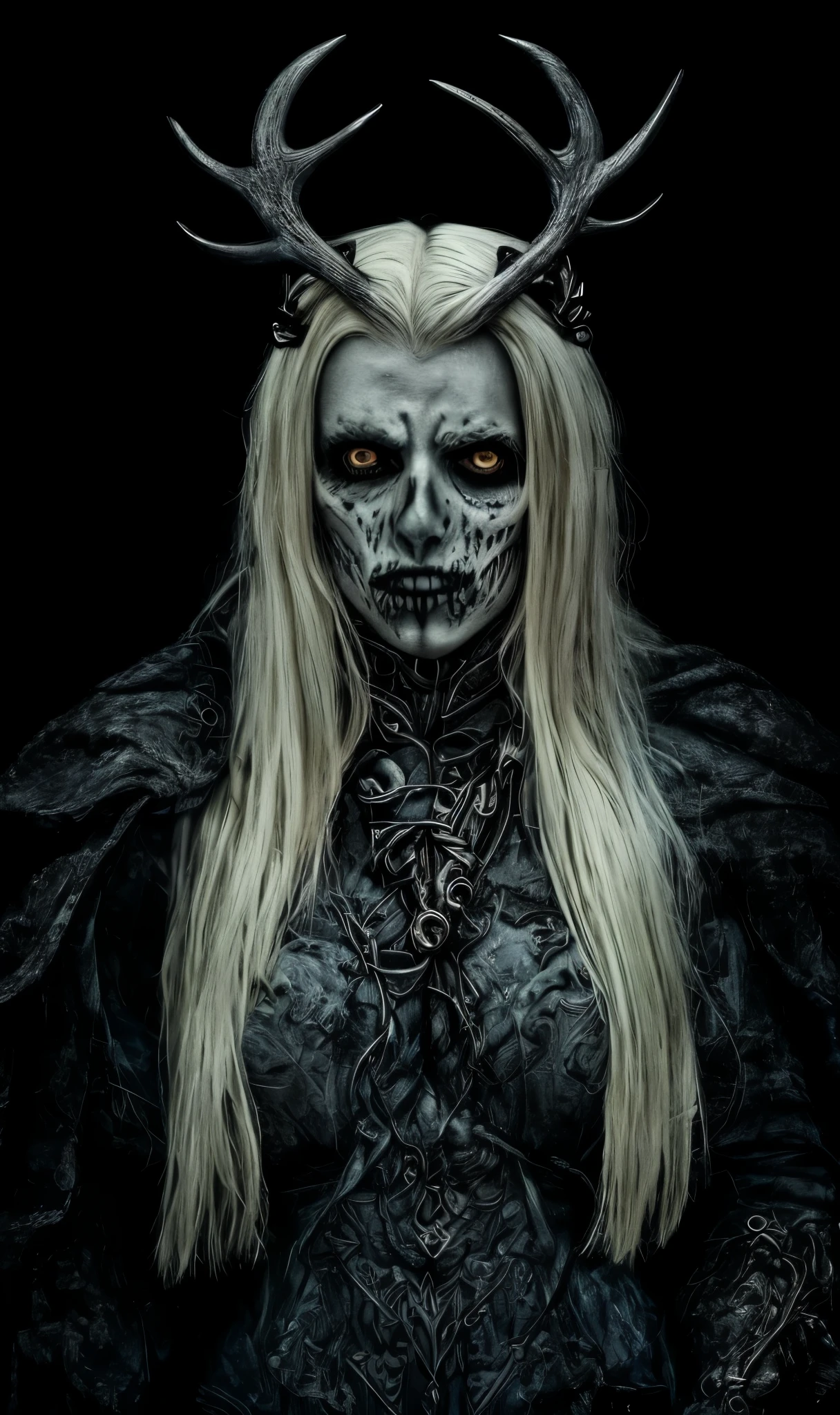 An extremely detailed hyper realistic photo depicting a striking, otherworldly female figure with mottled grey rotting skin and cold dead eyes who appears to be an undead. She has long, platinum blonde hair and piercing blue eyes, and is adorned with a dramatic, antler-like headdress that lends her an almost regal, supernatural quality. Her black iron armor is ornate and elaborate with intricate scrollwork in platinum metallic accents. The overall aesthetic is grim dark fantasy meets gothic romance drawing particular inspiration from the undead hollows of Dark Souls, evoking a sense of mystery and power. The woman's expression is one of poise and intensity, her gaze direct and captivating. The stark, high-contrast lighting and dark background add to the sense of drama and mystery surrounding this enigmatic figure. The image presents a visually striking figure that seems to bridge the realms of reality and fantasy, exuding a sense of otherworldly allure and command despite her stomach churning, horrifying undead nature.