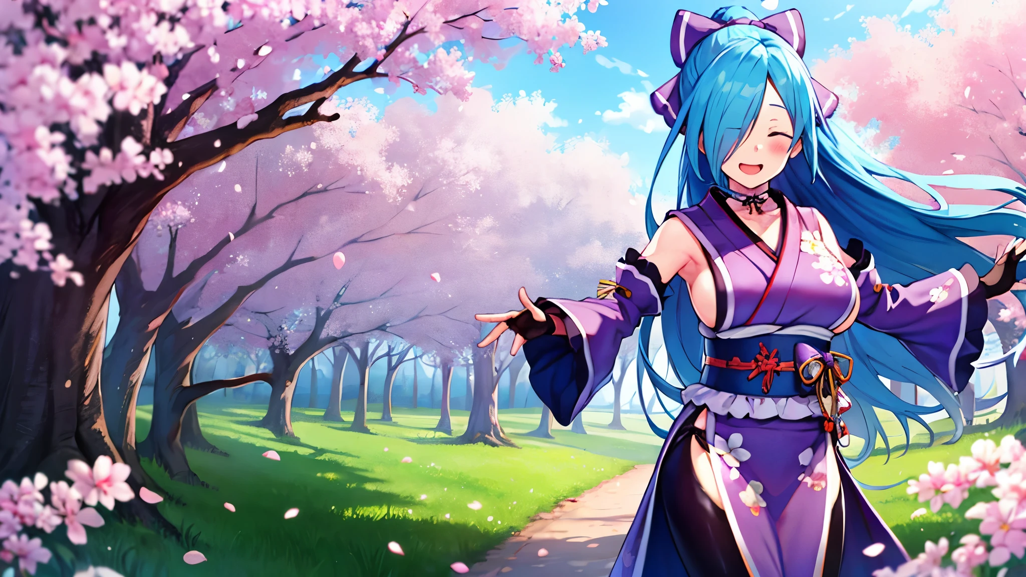 masterpiece, best quality, (1girl, solo),
yamato iori, 1ung_teirl, virtual youtuber, solo, gloves, bow, hair bow, long hair, hair over one eye, thighhighs, blue hair, fingerless gloves, closed_eyes, japanese clothes, full body, detached sleeves, ponytail, looking at viewer, black gloves, very long hair, (heavy&soft_large_breasts:1.4), purple bow, kimono, smile, open mouth, transparent background, standing, sash, obi, purple kimono
blush,cherry blossoms,
( outdoors, forest, upper body,  dynamic pose, looking at viewer, ),plump,raise_arms,