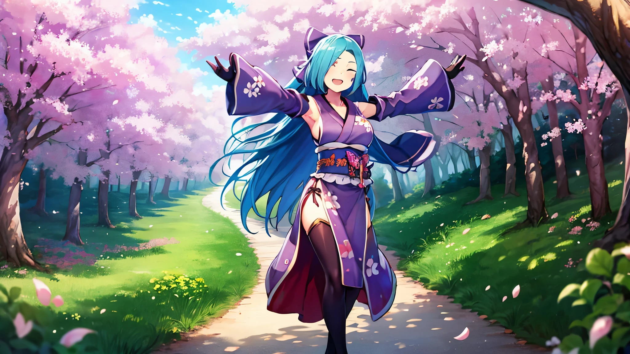 masterpiece, best quality, (1girl, solo),
yamato iori, 1young_teen_girl, virtual youtuber, solo, gloves, bow, hair bow, long hair, hair over one eye, thighhighs, blue hair, fingerless gloves, closed_eyes, japanese clothes, full body, detached sleeves, ponytail, looking at viewer, black gloves, very long hair, (heavy&soft_large_breasts:1.4), purple bow, kimono, smile, open mouth, transparent background, standing, sash, obi, purple kimono
blush,cherry blossoms,
( outdoors, forest, upper body, dynamic pose, looking at viewer, ),plump,raise_arms,