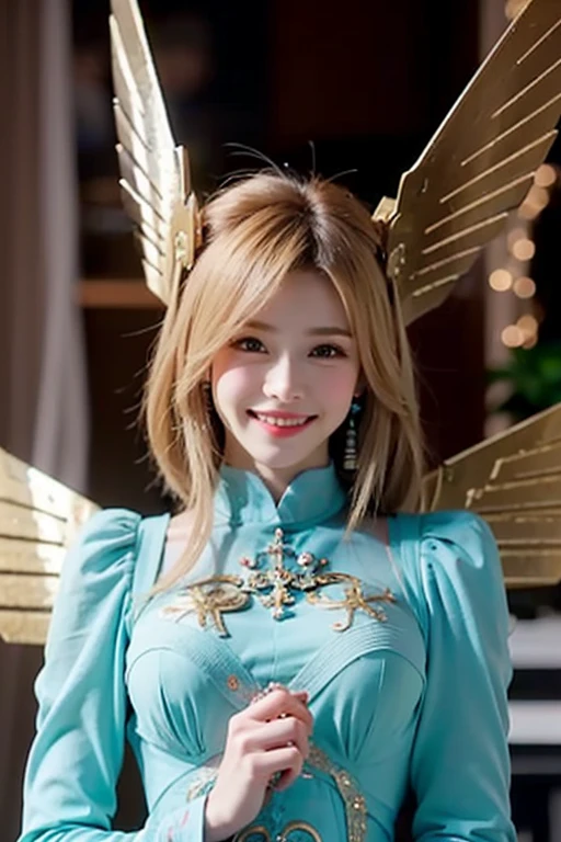 ophanimon,Blonde Hair, mint eyes, laugh,masterpiece, best quality, in detail,cute (big breasts), (split), whole body, gold Angel Wings, Best image quality、masterpiece、8k、Anime Face、A kind smile、 beautiful body 、Cowboy Shot,sexy、Very detailed、highest quality, (((sexy cloth)))