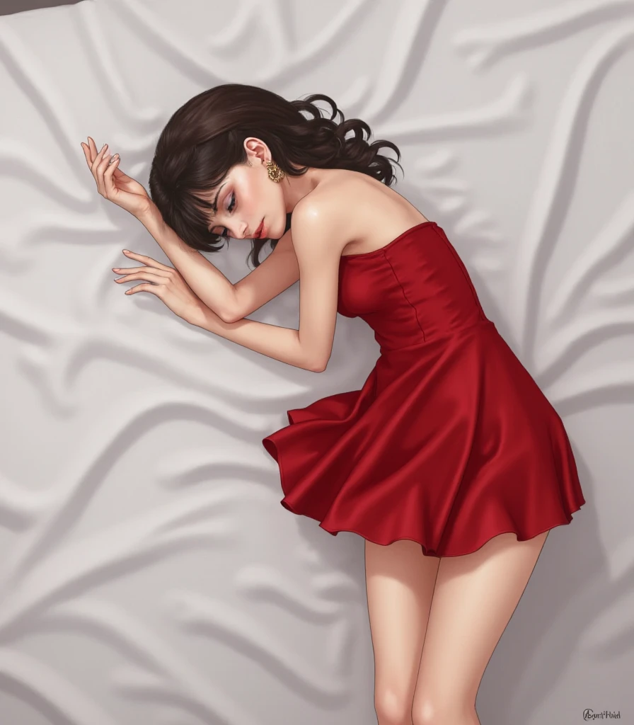 clemwest, picture from above, lying limp on a bed with white sheets on back, red strapless dress, sleeping, closed eyes, head tilt, mouth slightly open, loose arms