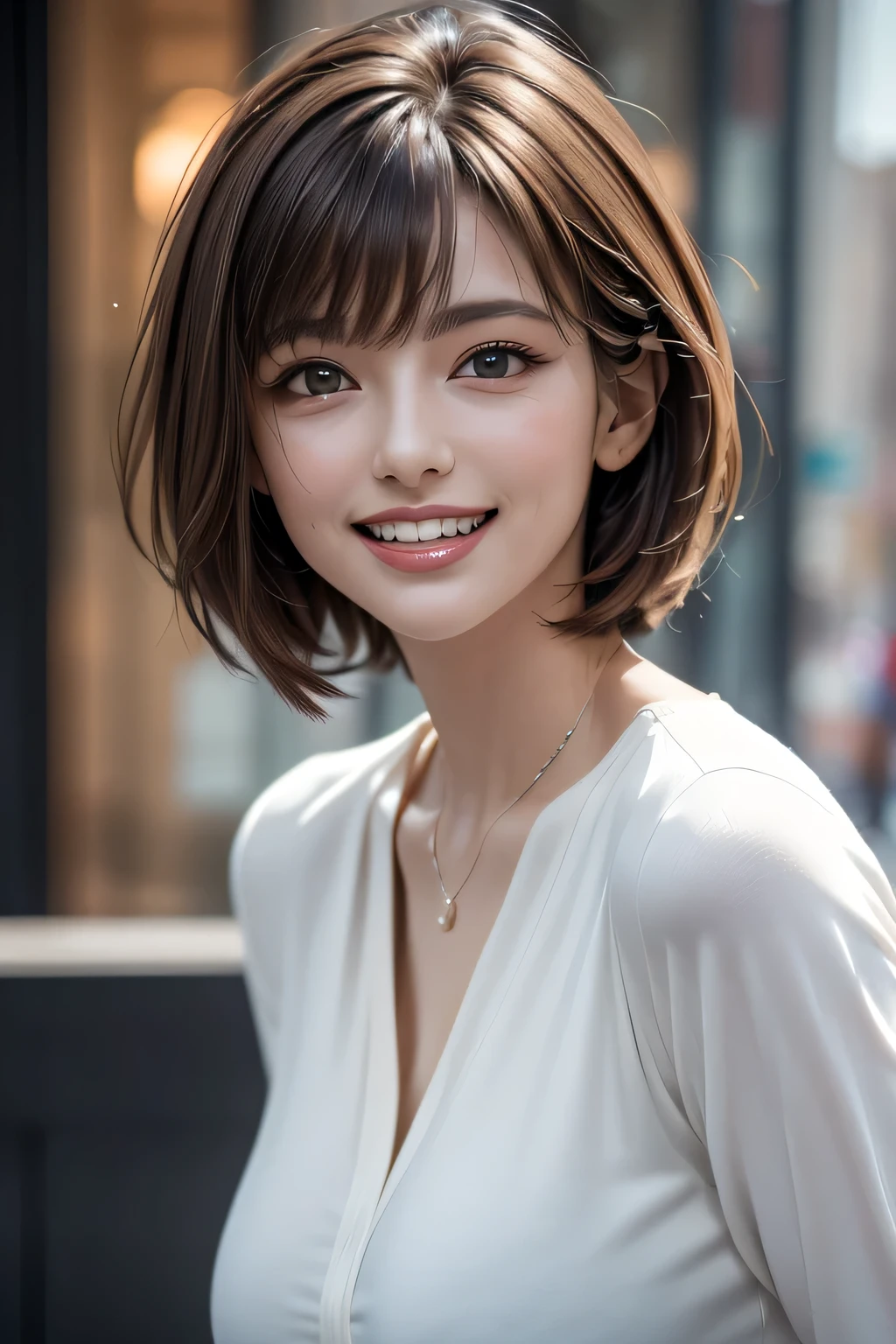 (( masterpiece )), (( top quality )), ((16k)), (( surreal)), (( realistic)), ( mature), (( classes )), very detailed , ( 1 Woman ), Beautiful and exquisite, (Beautiful Teeth), grin, brunette pixie cut, brown eyes , (( white blouse)), ( upper body), ((The background is a solid gray)), perfect eyes, amazing eyes, Look at the audience with your body facing forward