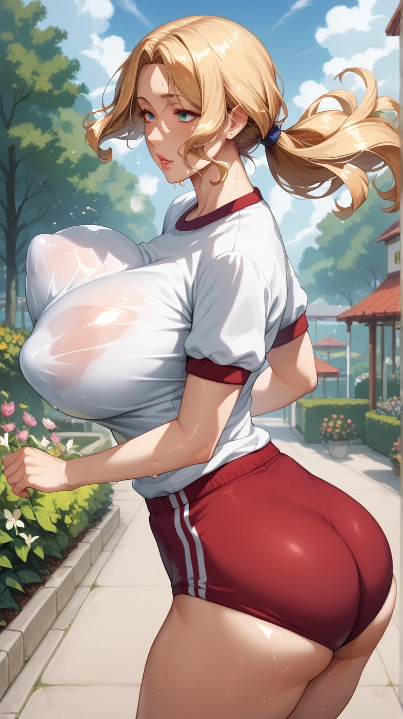 score_9, score_8_up, score_7_up, ASCII masterpiece, source_anime BREAK Gym Uniform, focus on buttocks ,garden, 50 year old mature woman,solo,jogging, anatomically correct,perfect face,Beautiful, well-groomed eyes, beautiful skin,Enlarged breasts,Bouncing Breasts,sweat, STEAM BREAK BLONDE,parted bangs, medium hair, hair flowing back on one side,( wavy hair:0.7),low ponytail