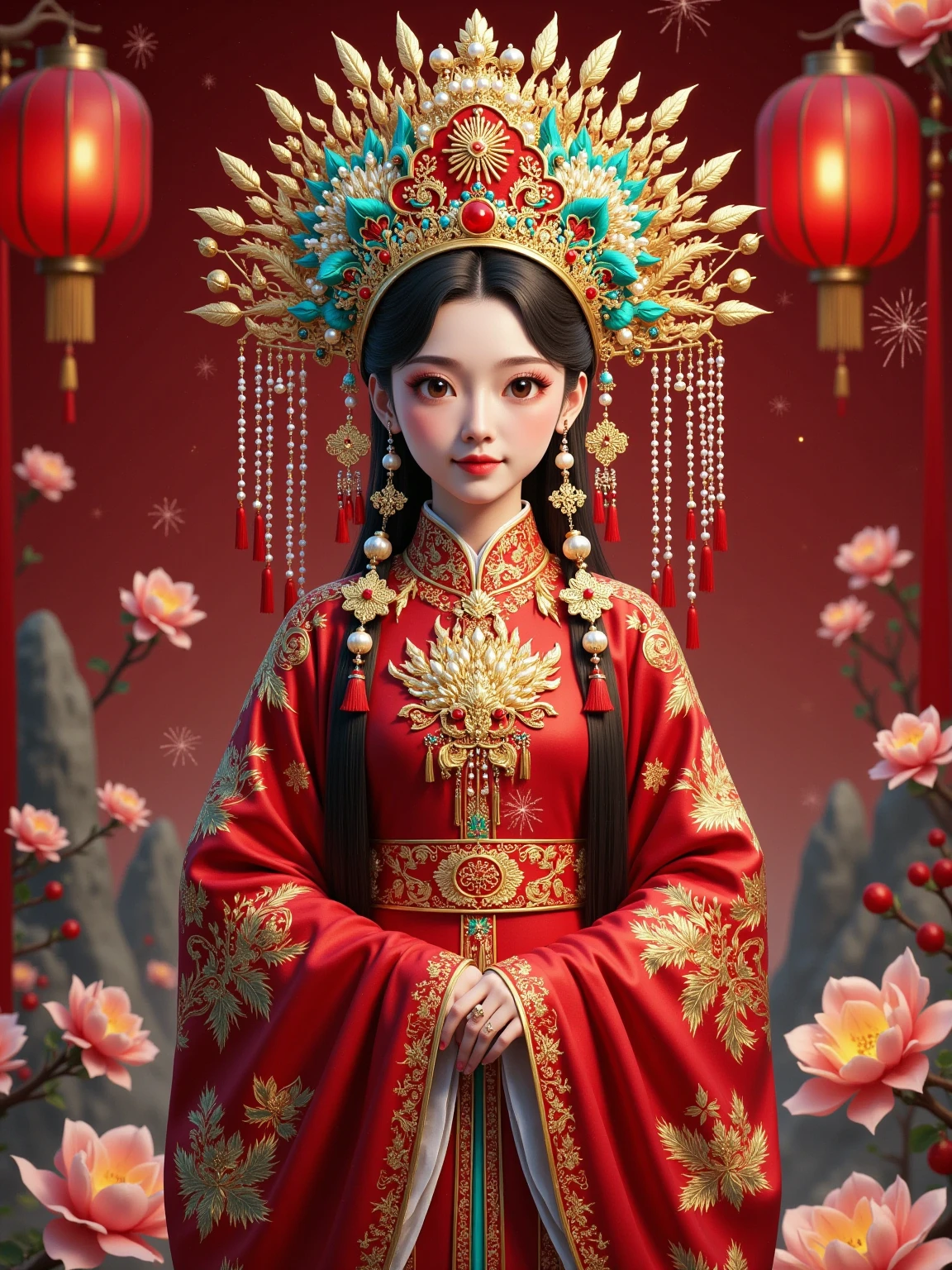  Ancient China《Classic of Mountains and Seas》, a mythical animal in Chinese mythology ，Hyper-Reality，, the woman in the form of Ji-Yang Bird ， perfect figure。穿着Crimson and gold羽毛质地的汉服，Born in the midst of the fire ， who specializes in eating all kinds of evil spirits ， is a famous ghost buster 。 Facing the camera 。Crimson and gold。 realistic photography style ， fantasy art aesthetics ， Movie Lights ， Chinese bizarre aesthetics ， Romantic scenery，Thin lines ， Unreal Engine rendering， Mysterious Charm ， Wonderland Background ， natural light，8k， Delicate Details ，, a mythical animal in beautiful lighting effects ， fantasy engine 