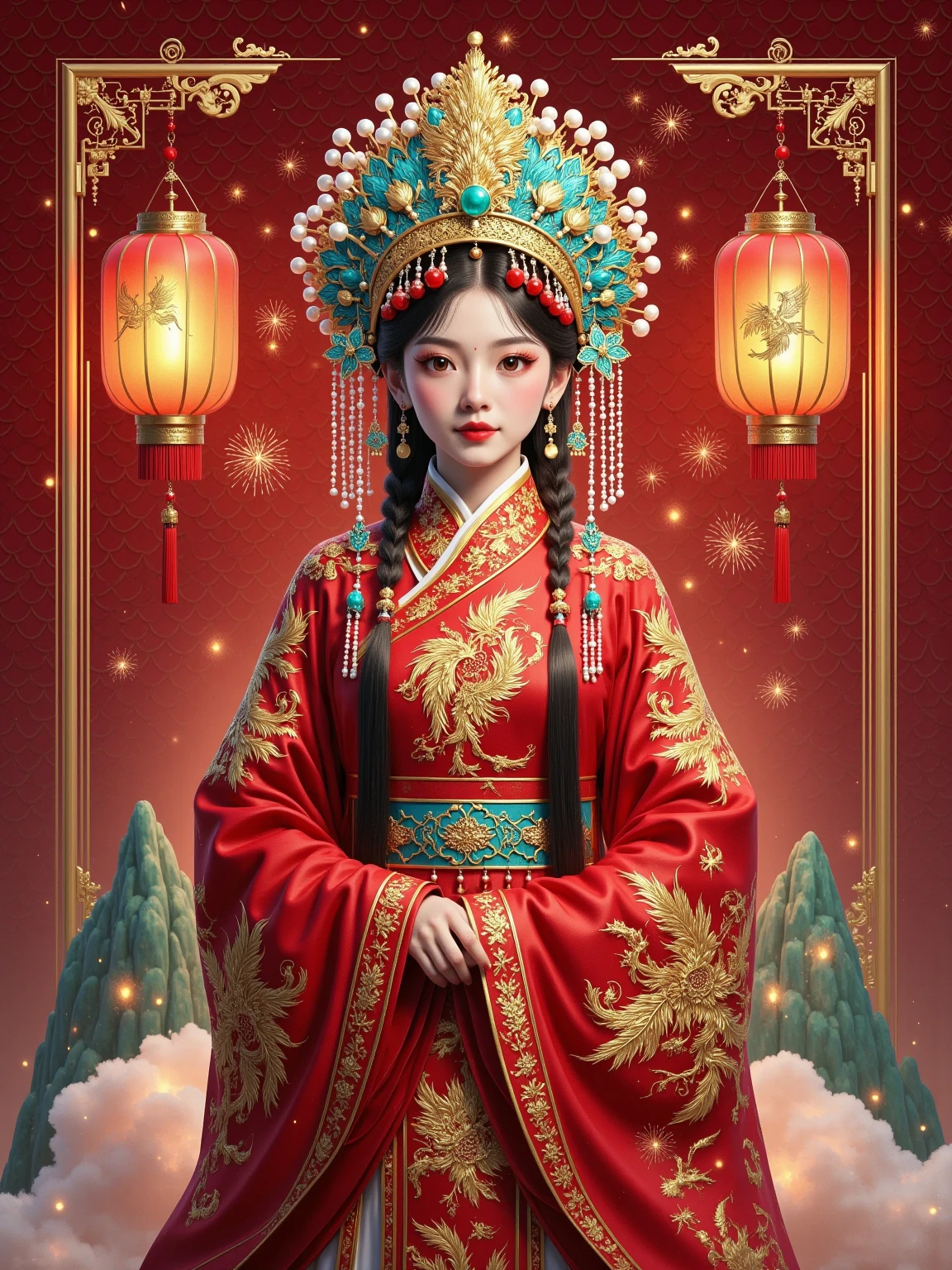  Ancient China《Classic of Mountains and Seas》, a mythical animal in Chinese mythology ，Hyper-Reality，, the woman in the form of Ji-Yang Bird ， perfect figure。穿着Crimson and gold羽毛质地的汉服，Born in the midst of the fire ， who specializes in eating all kinds of evil spirits ， is a famous ghost buster 。 Facing the camera 。Crimson and gold。 realistic photography style ， fantasy art aesthetics ， Movie Lights ， Chinese bizarre aesthetics ， Romantic scenery，Thin lines ， Unreal Engine rendering， Mysterious Charm ， Wonderland Background ， natural light，8k， Delicate Details ，, a mythical animal in beautiful lighting effects ， fantasy engine 