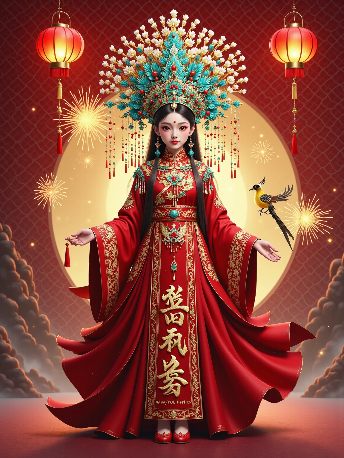  Ancient China《Classic of Mountains and Seas》, a mythical animal in Chinese mythology ，Hyper-Reality，, the woman in the form of Ji-Yang Bird ， perfect figure。穿着Crimson and gold羽毛质地的汉服，Born in the midst of the fire ， who specializes in eating all kinds of evil spirits ， is a famous ghost buster 。 Facing the camera 。Crimson and gold。 realistic photography style ， fantasy art aesthetics ， Movie Lights ， Chinese bizarre aesthetics ， Romantic scenery，Thin lines ， Unreal Engine rendering， Mysterious Charm ， Wonderland Background ， natural light，8k， Delicate Details ，, a mythical animal in beautiful lighting effects ， fantasy engine 