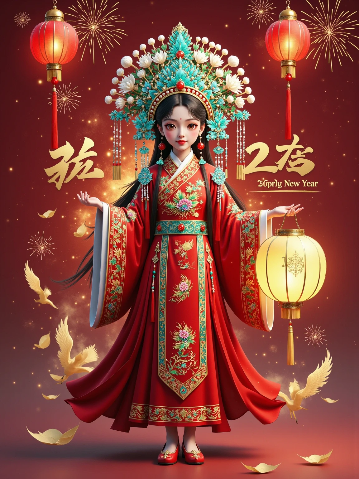  Ancient China《Classic of Mountains and Seas》, a mythical animal in Chinese mythology ，Hyper-Reality，, the woman in the form of Ji-Yang Bird ， perfect figure。穿着Crimson and gold羽毛质地的汉服，Born in the midst of the fire ， who specializes in eating all kinds of evil spirits ， is a famous ghost buster 。 Facing the camera 。Crimson and gold。 realistic photography style ， fantasy art aesthetics ， Movie Lights ， Chinese bizarre aesthetics ， Romantic scenery，Thin lines ， Unreal Engine rendering， Mysterious Charm ， Wonderland Background ， natural light，8k， Delicate Details ，, a mythical animal in beautiful lighting effects ， fantasy engine 