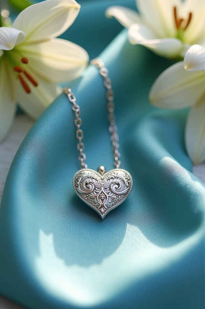 Pear-shaped photo box necklace close-up，There is a flower on it, silver trinkets, hints of silver jewelry, silver very ornate jewelry, Silver necklace, pendant, exquisite detailing, in style of chrome hearts, 8 K - H 7 6 8, silver ornaments, silver filigree, silver filigree details, with intricate detail, necklace, 3 d ornate carved water heart