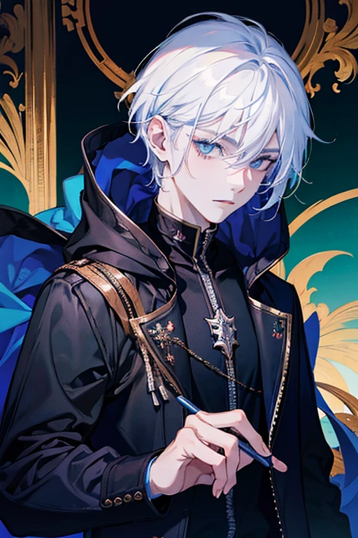 ((best quality)), ((masterpiece)), (detailed), boy, cool, wearing a black hoody, white hair,
blue eye, 