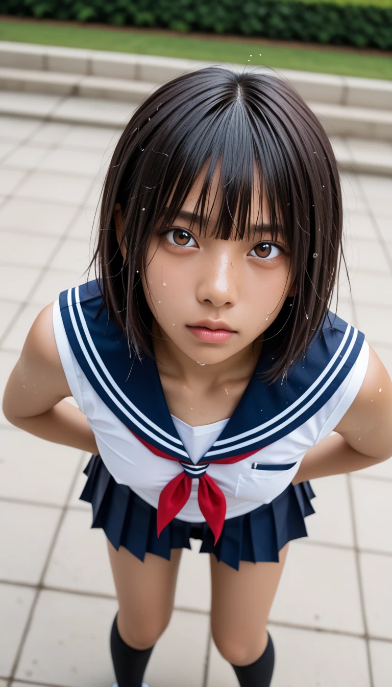  Wet 1 Japanese Female Middle School Student 、masterpiece 、  top quality  、 Super high resolution、 realistic、 beautiful lighting arranged in an orderly manner、  RAW photos 、4K Ultra HD、  super detailed face、Clear Face、Detailed eye、 beautiful eyes、(Gaze sideways)、1080P、 tan dark skin 、 black hair,   wet hair、 short bob cut , bangs、 Ponytail、 horny 、 young gravure idol who lost weight、、 red headband、 white gloves、(((Firm small breasts、Separated Breasts 、 tight breasts)))、((( wet hair )))、(( blue sky、small outdoor pool 、 blur background))、(((Wet Japanese Female Middle School Student 、  navy sailor color 、 with both shoulders out 、 wet pleated skirt 、 black knee socks、Wear black shorts)))、 Japanese Female Middle School Student Wearing Wet School Uniform、 break ( messy bun  ) break, ((Standing figure、 full body shot ))break ((( EXTREME FACE UP SHOT ,  viewers, the above ))),( perfect anatomy)、 break ((Upper eyelid))、((( midi skirt)))、 thin beautiful thighs 、 beautifully manicured hair 、 oily skin 、Five fingers