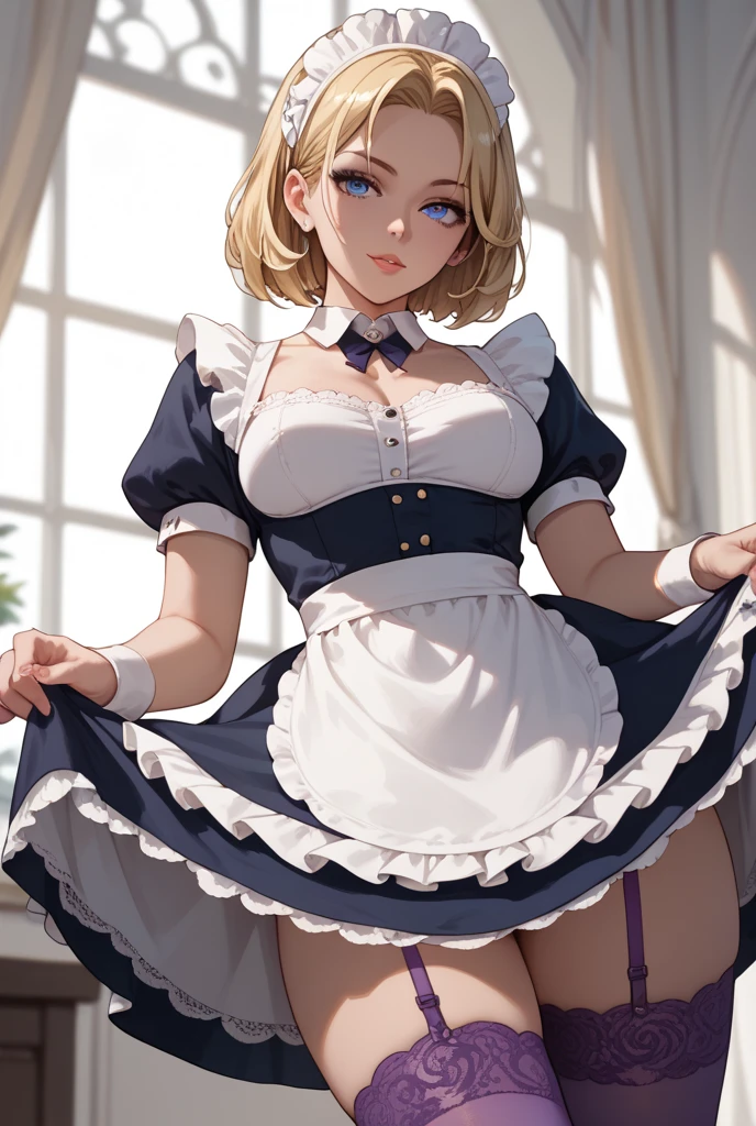 (Tabletop, highest quality, Super detailed), One Girl, Purple eyes, Blonde Hair, Dark Skin, Short Hair、Perm Hair、((pantyhose))、(Bedroom)、((Maid clothes))、Long skirt
