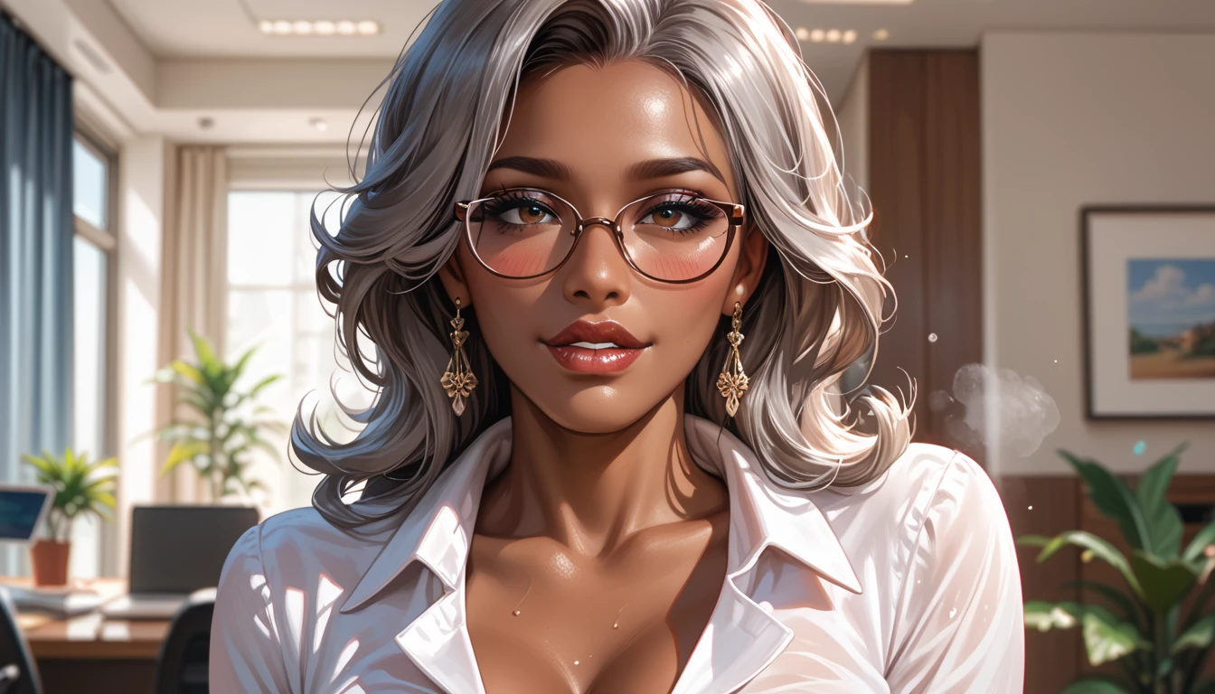 art,milf,mature_woman,hair_intakes,blushing,solo,dark_skinned_female,office_lady,solo_female,cleavage,portrait,lipstick,,lip biting,solo_focus, grey_hair,white_shirt,score_9, score_8_up, score_7_up ,glasses,absurdres,score_9,score_8_up,score_7_up,score_6_up,detailed,looking_at_viewer,lips,thick_lips,steamy ,dark_skin,brown_skin,tan
