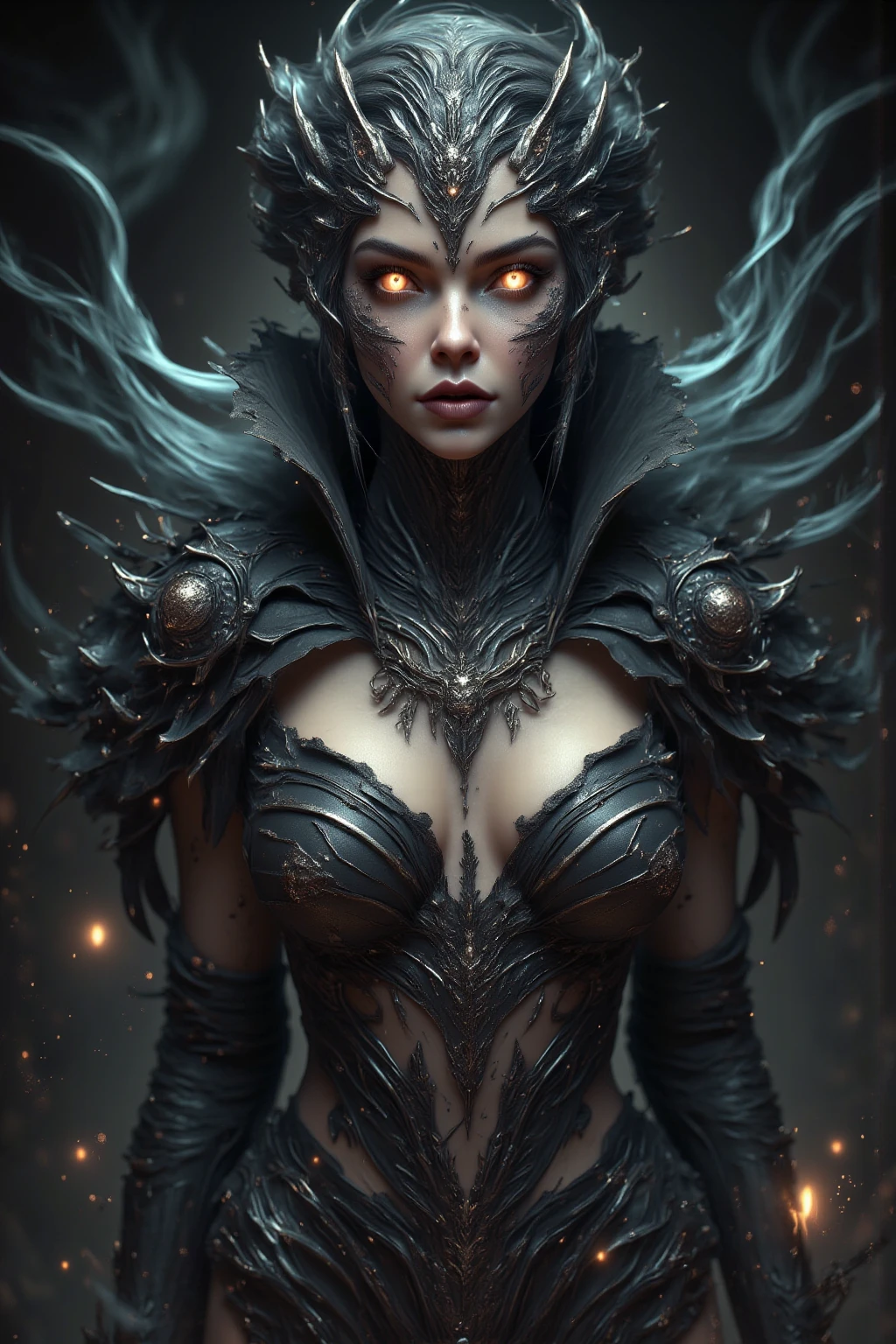 Beautiful female drow, rosto bonito, Evil countenance nice body, olhos vermelos, cabelo prateado, vestindo armadura, capa , 8k, extremamente detalhado, ultra realista