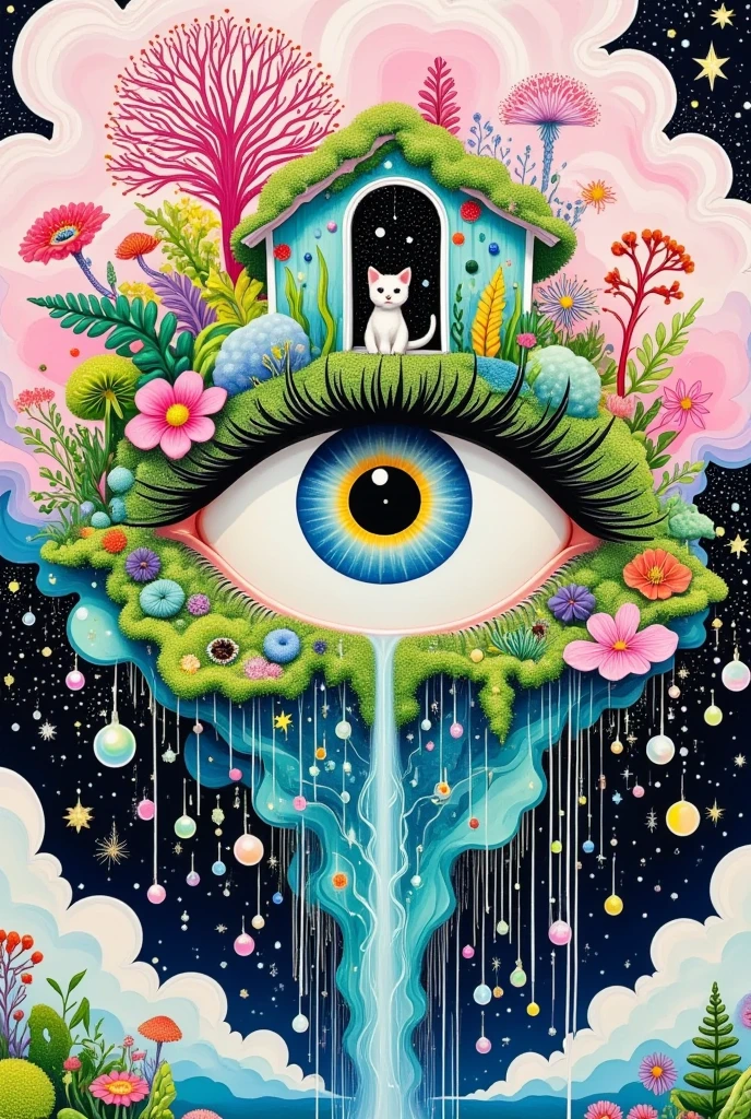  A surreal abstract painting，One Eye，There is a door in the eye ,  a kitten living inside the door , Plants and flowers on lashes，  Pearl tears flowing down  ,  Tears waterfall  , fish,  fantastic illustration , Layered clouds 
