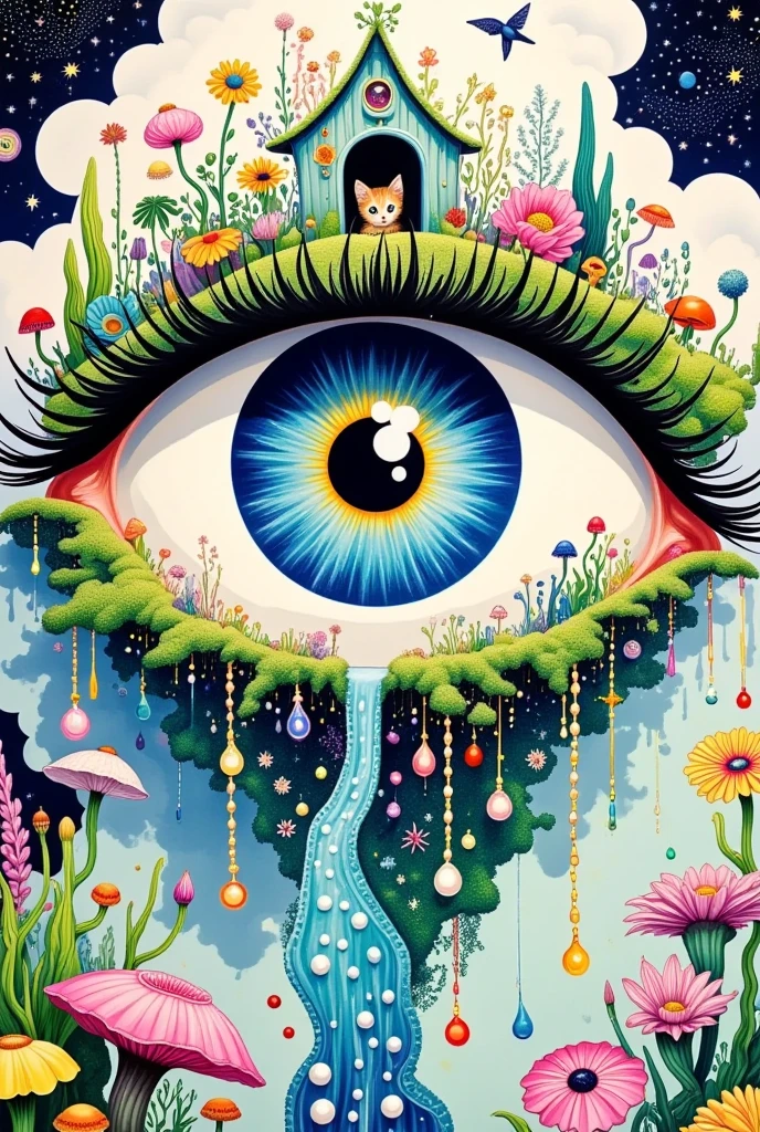  A surreal abstract painting，One Eye，There is a door in the eye ,  a kitten living inside the door , Plants and flowers on lashes，  Pearl tears flowing down  ,  Tears waterfall  , fish,  fantastic illustration , Layered clouds 
