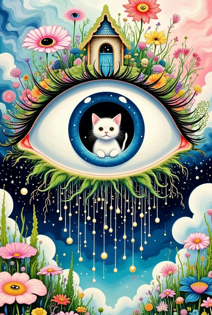  A surreal abstract painting，One Eye，There is a door in the eye ,  a kitten living inside the door , Plants and flowers on lashes，  Pearl tears flowing down  ,  Tears waterfall  , fish,  fantastic illustration , Layered clouds 
