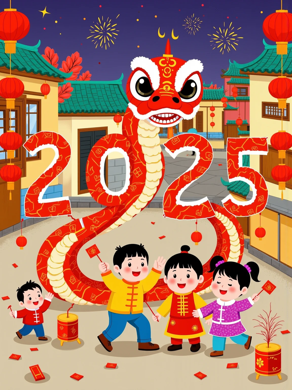 The snake bends into a number  "2025,"  a family of four , creates a Chinese New Year atmosphere .  This illustration uses a flat and colorful style,With geometric patterns.  The lines and shapes are eye-catching , with vibrant colors , The cartoon image combines traditional art elements , expresses vividness and vivacity ,red