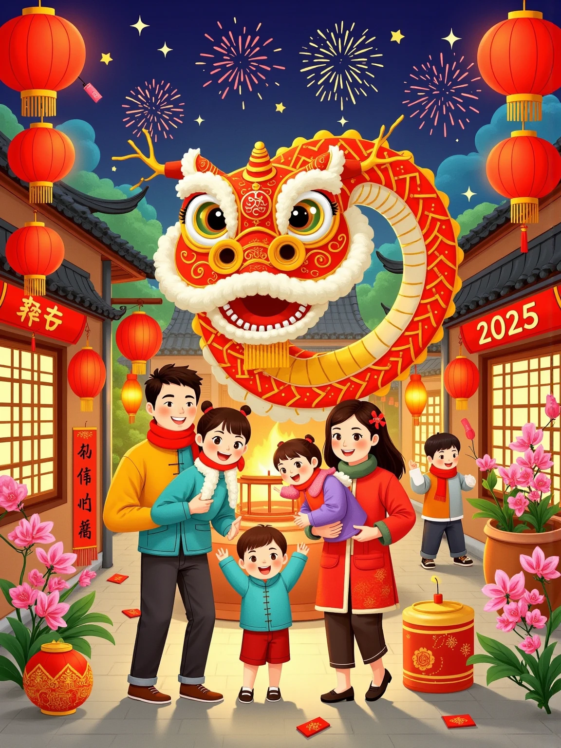 The snake bends into a number  "2025,"  a family of four , creates a Chinese New Year atmosphere .  This illustration uses a flat and colorful style,With geometric patterns.  The lines and shapes are eye-catching , with vibrant colors , The cartoon image combines traditional art elements , expresses vividness and vivacity ,red