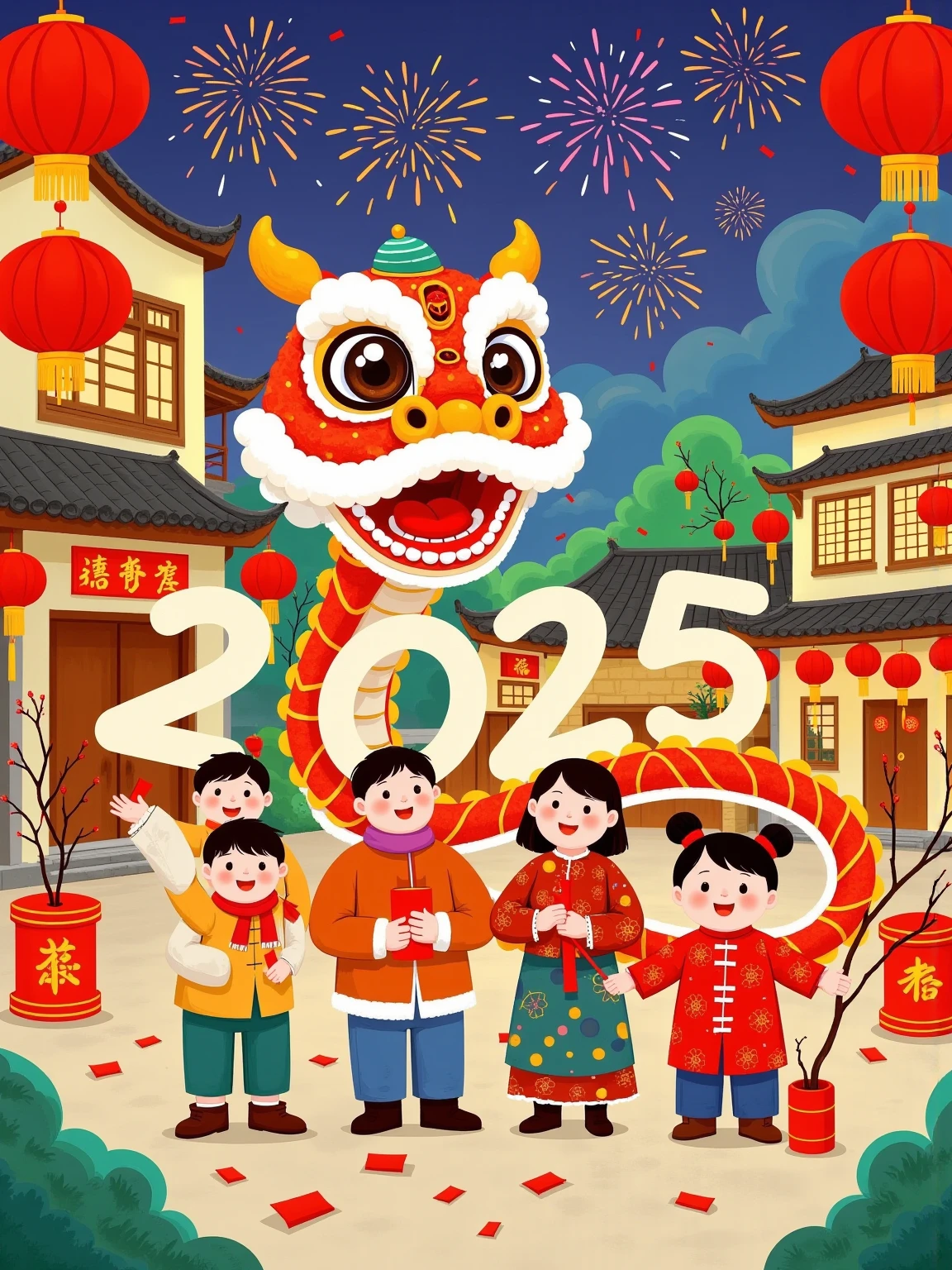 The snake bends into a number  "2025,"  a family of four , creates a Chinese New Year atmosphere .  This illustration uses a flat and colorful style,With geometric patterns.  The lines and shapes are eye-catching , with vibrant colors , The cartoon image combines traditional art elements , expresses vividness and vivacity ,red