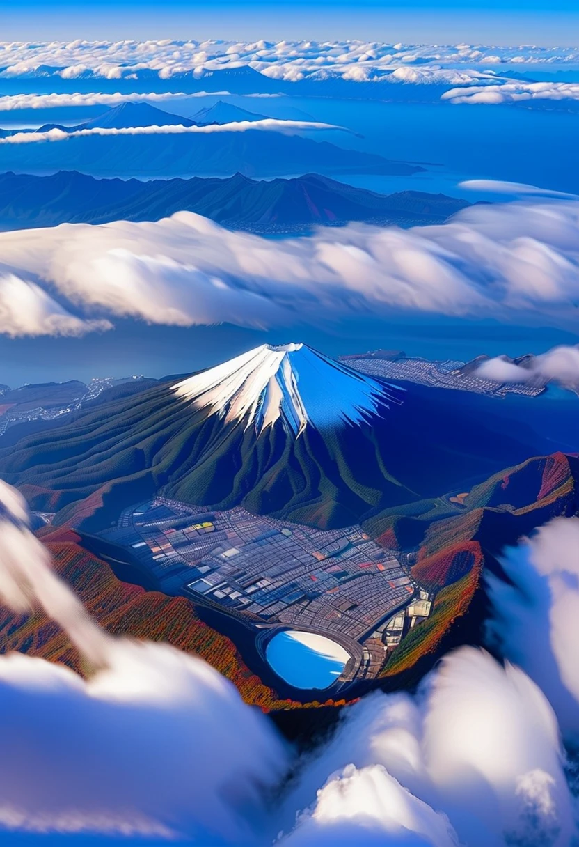 A bird's-eye view of the New Year's scenery of Mt. Fuji from the sky, with the vast natural scenery of the Sea of ​​Trees spreading out below.