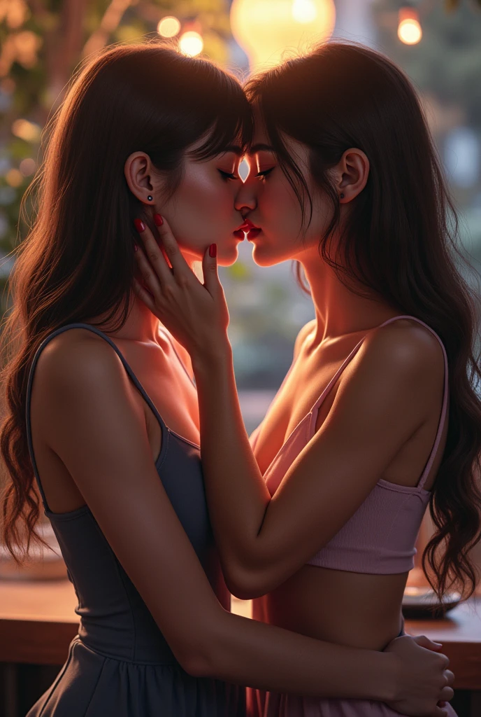 Create realistic illustration of two beautiful women kissing passionately