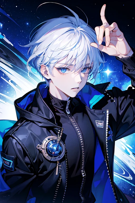 ((best quality)), ((masterpiece)), (detailed), boy, cool, wearing a black hoody, white hair,
blue eye, backdrop infinity space