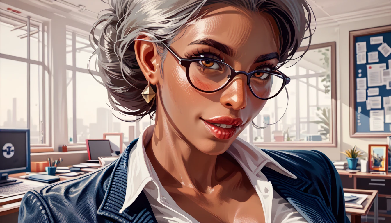 art,milf,mature_woman,hair_intakes,blushing,solo,dark_skinned_female,office_lady,solo_female,cleavage,portrait,lipstick,,lip biting,solo_focus, grey_hair,white_shirt,score_9, score_8_up, score_7_up ,glasses,absurdres,score_9,score_8_up,score_7_up,score_6_up,detailed,looking_at_viewer,lips,thick_lips,steamy ,dark_skin,brown_skin,tan,, zPDXL3, detailxl,  Score_PnyReal, (lineless:1.5)
