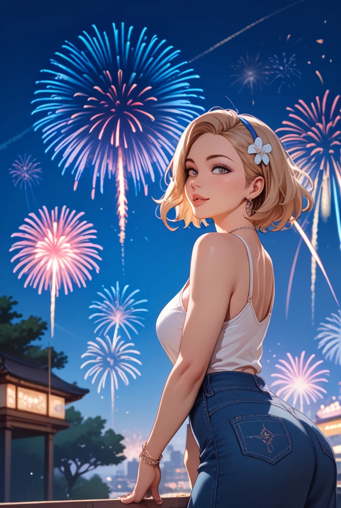 ((rooftop pool)), ((aerial fireworks)), taipei_101, skyscraper, 1girl, parted lips, slim figure, bikini, hair flower, partially submerged in water, swimming, city, sky, cityscape, skyline, horizon, night, night sky, city lights, scenery, outdoors, from below, <lora:girllikerooftoppool:0.9>