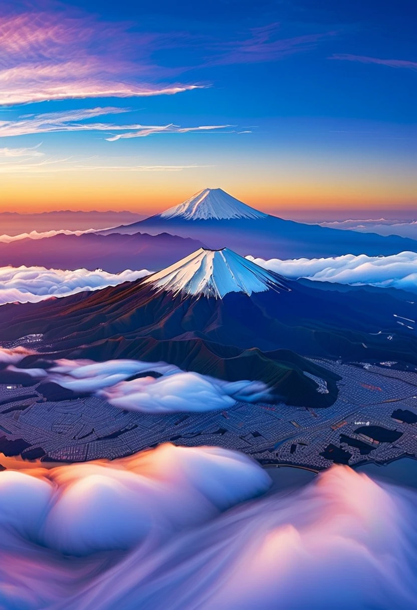 A bird's-eye view of Mount Fuji as the sun rises on New Year's Day, with the vast natural scenery of the Sea of ​​Trees spreading out below.