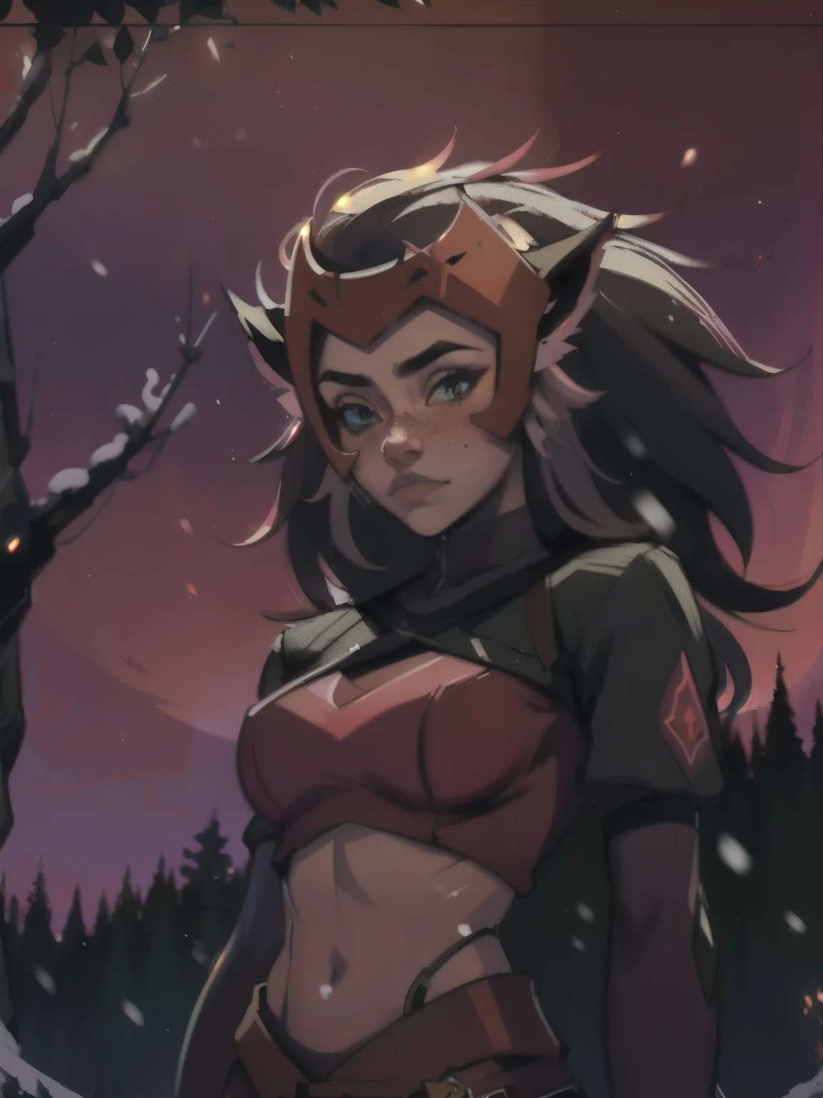 Character design sheet, same character, front, side, back), Masterpiece, best quality, 8k, dramatic lighting, 1girl, solo, looking at viewer, dark background, upper body, ((medium breasts)), ((forest at night in snow)), ((red lit sky)), ((underboob)), ((front view)),