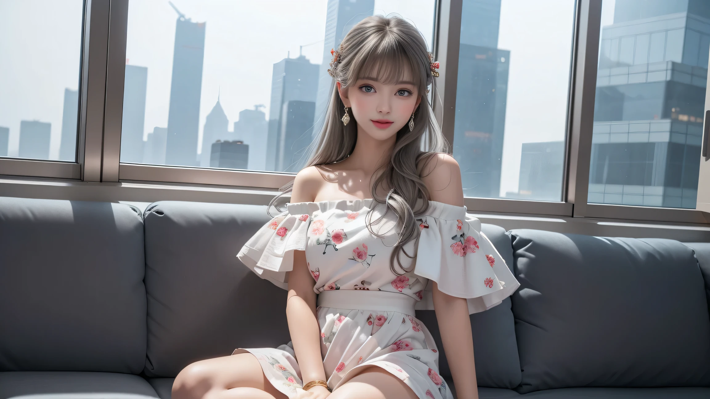 {{Girl sitting on office reception chair and crossing legs:18-year-old}}, silver hair, bangs, 鈍いbangs, long straight hair, aqua eye, long eyelashes, three-dimensional round eyes, compensate, open your mouth, blush, parted lips, bright eyes, smiley, enchanting smile, shine, surrealism, modern、{black pantyhose}、（(pure white dress、floral dress、、off shoulder、: 1.6)）、Skyscrapers are hazy in the window４、(sexy pose）、